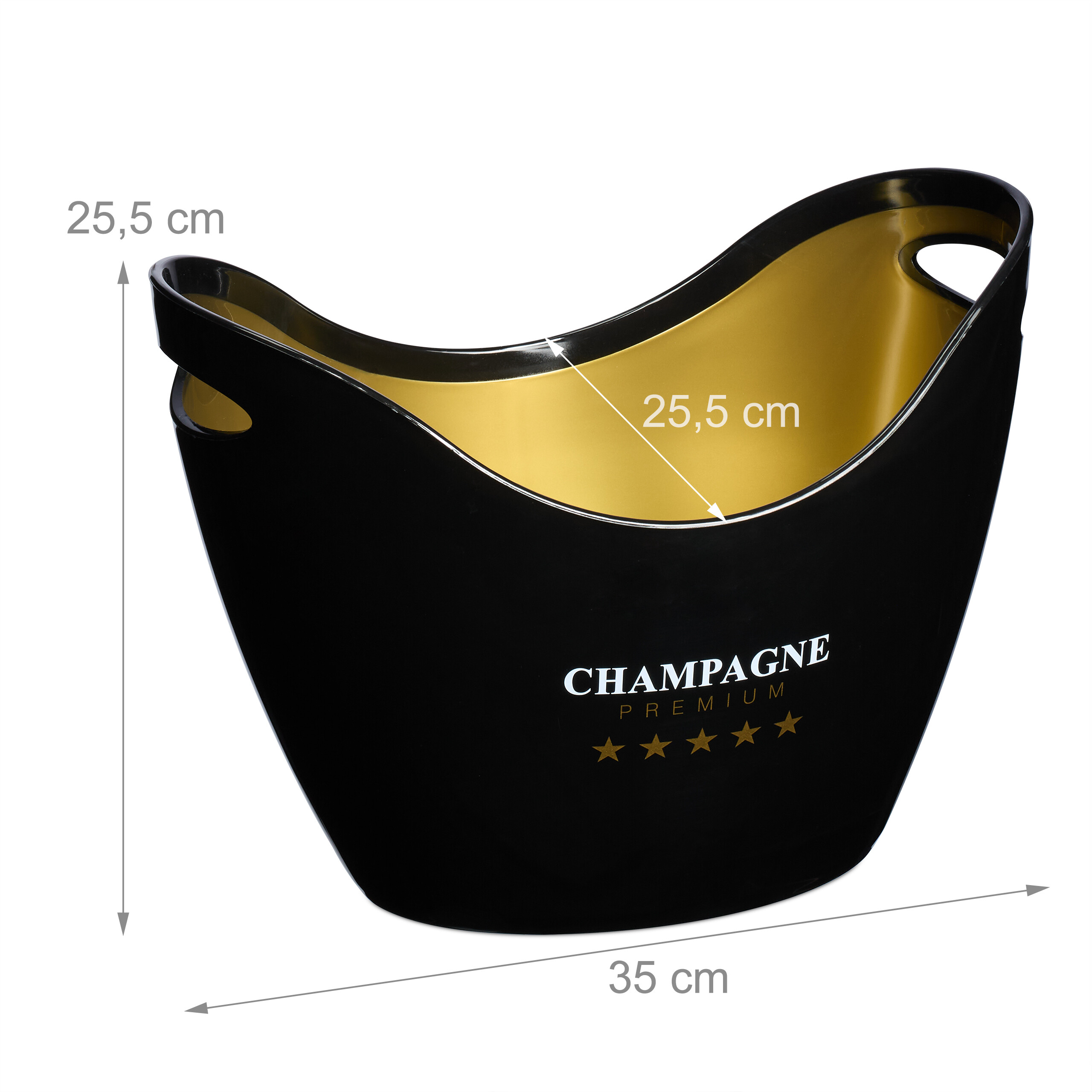 Ein schwarzer Champagnerkühler mit goldenem Innenraum, der mit Maßen von 35x25,5 cm und fünf goldenen Sternen versehen ist.