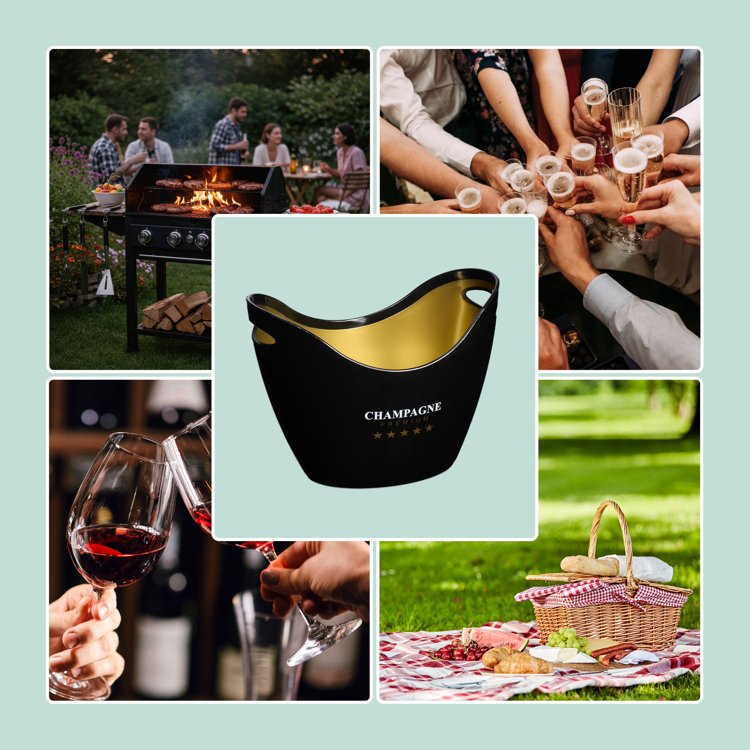 Collage mit einem schwarzen Champagnerkühler, Grillabend, Sekttoast, Weingläsern und einem Picknickkorb im Freien.