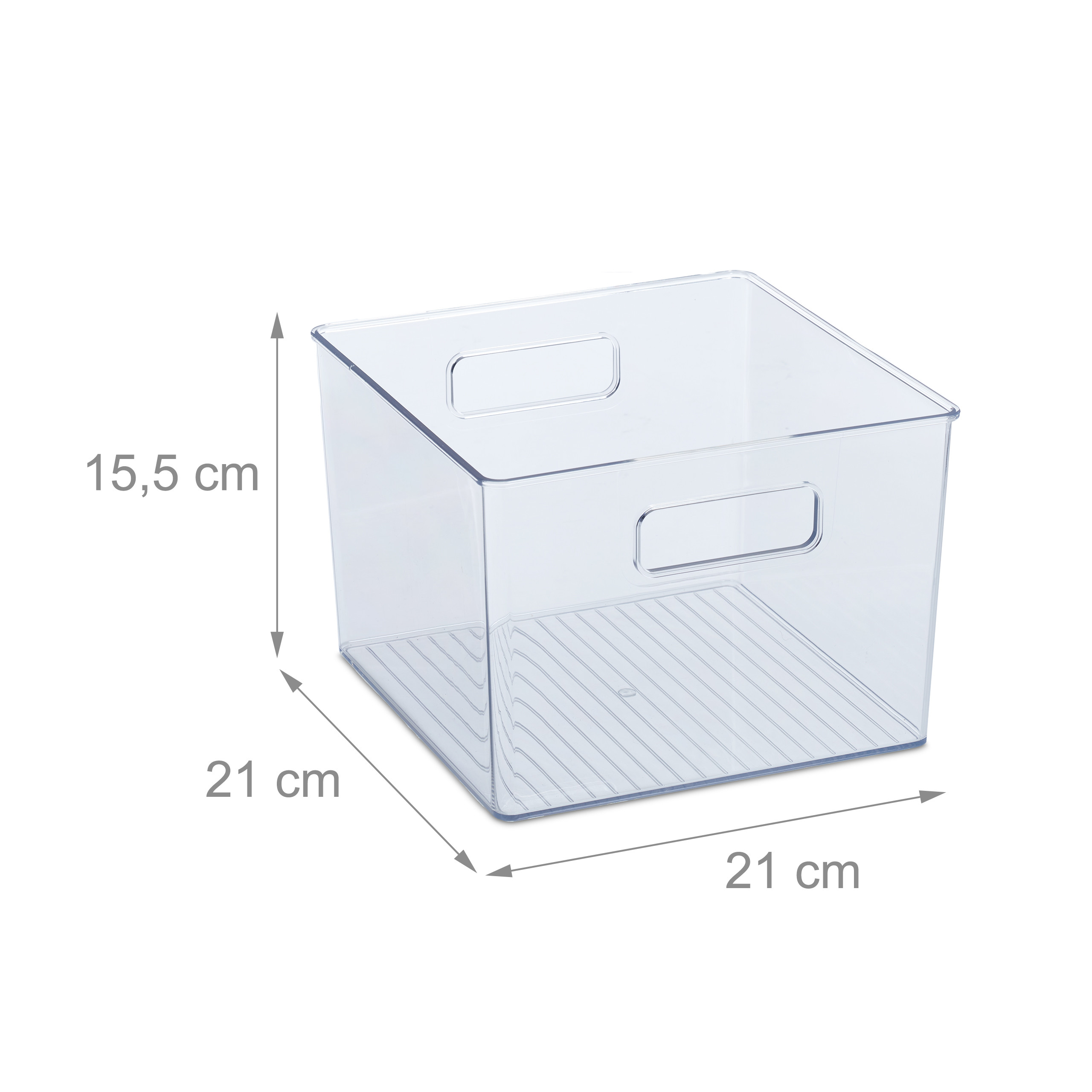 Transparente Kunststoff-Aufbewahrungsbox mit Griffen, Maße 21x21x15,5 cm auf weißem Hintergrund.