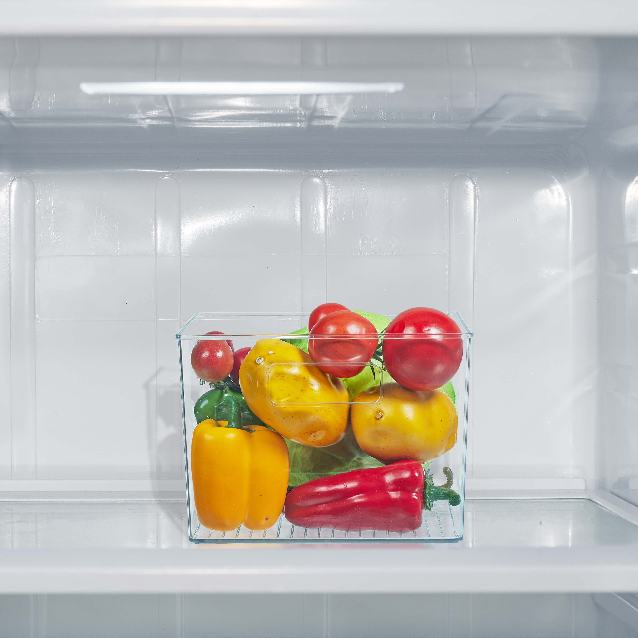 Ein transparenter Behälter mit frischem Gemüse wie Tomaten, Paprika und Kohl steht auf einem Kühlschrankregal.