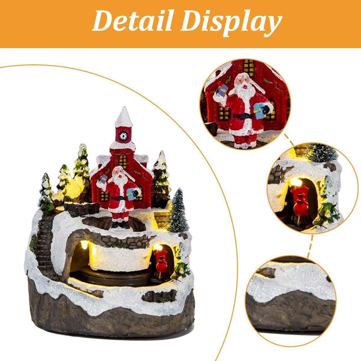 Verschneite Weihnachtsdorf-Figur mit Weihnachtsmann, rotem Gebäude, beleuchteten Höhlen und drei Detailansichten.