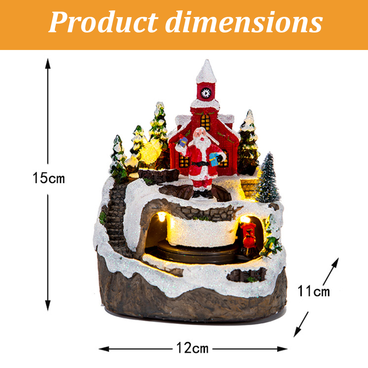 Weihnachtsdorf-Figur mit Weihnachtsmann, rotem Gebäude und Schnee, 15 cm hoch, 12 cm breit und 11 cm tief.