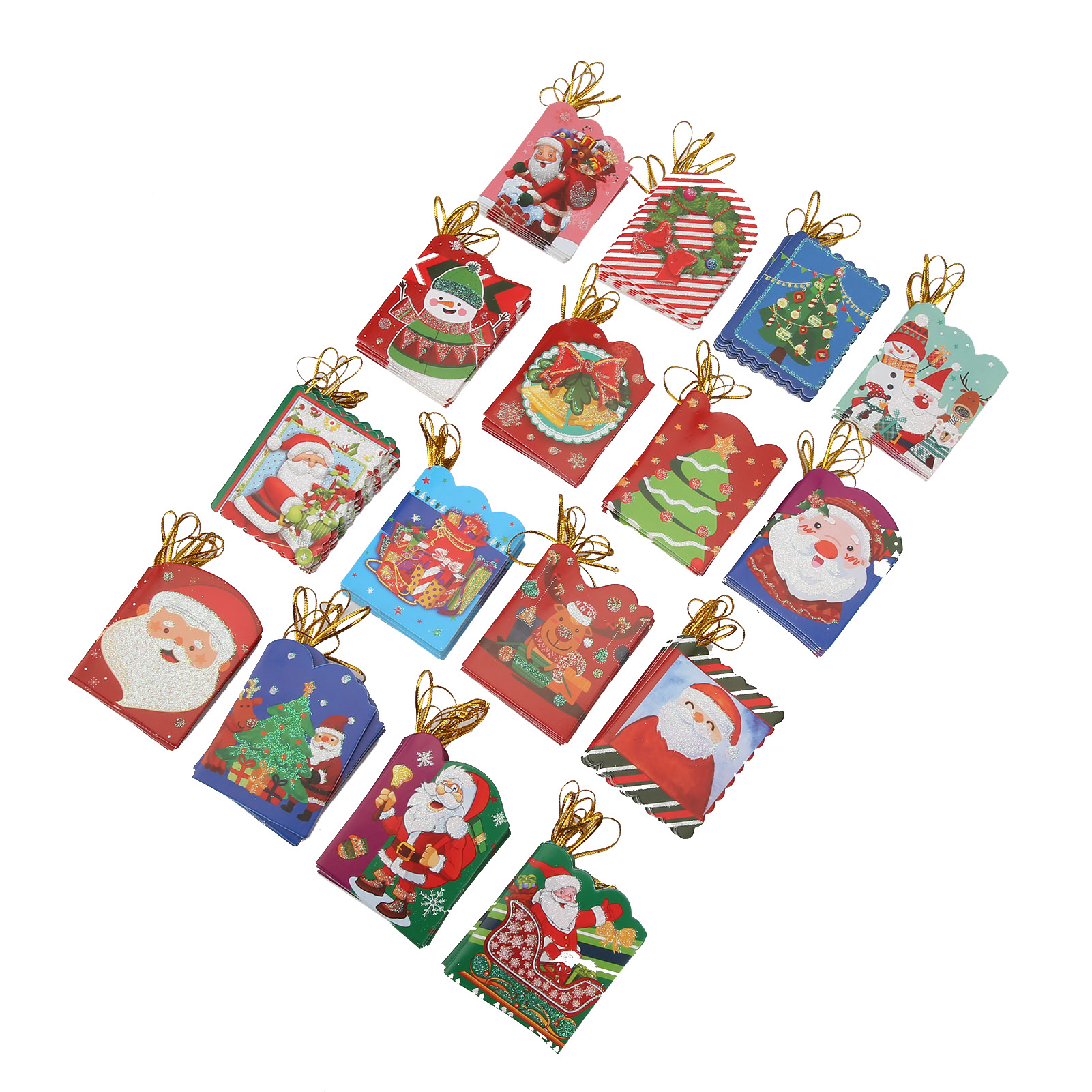Eine Anordnung verschiedener Weihnachtsetiketten mit Weihnachtsmann, Schneemännern und festlichen Bäumen.