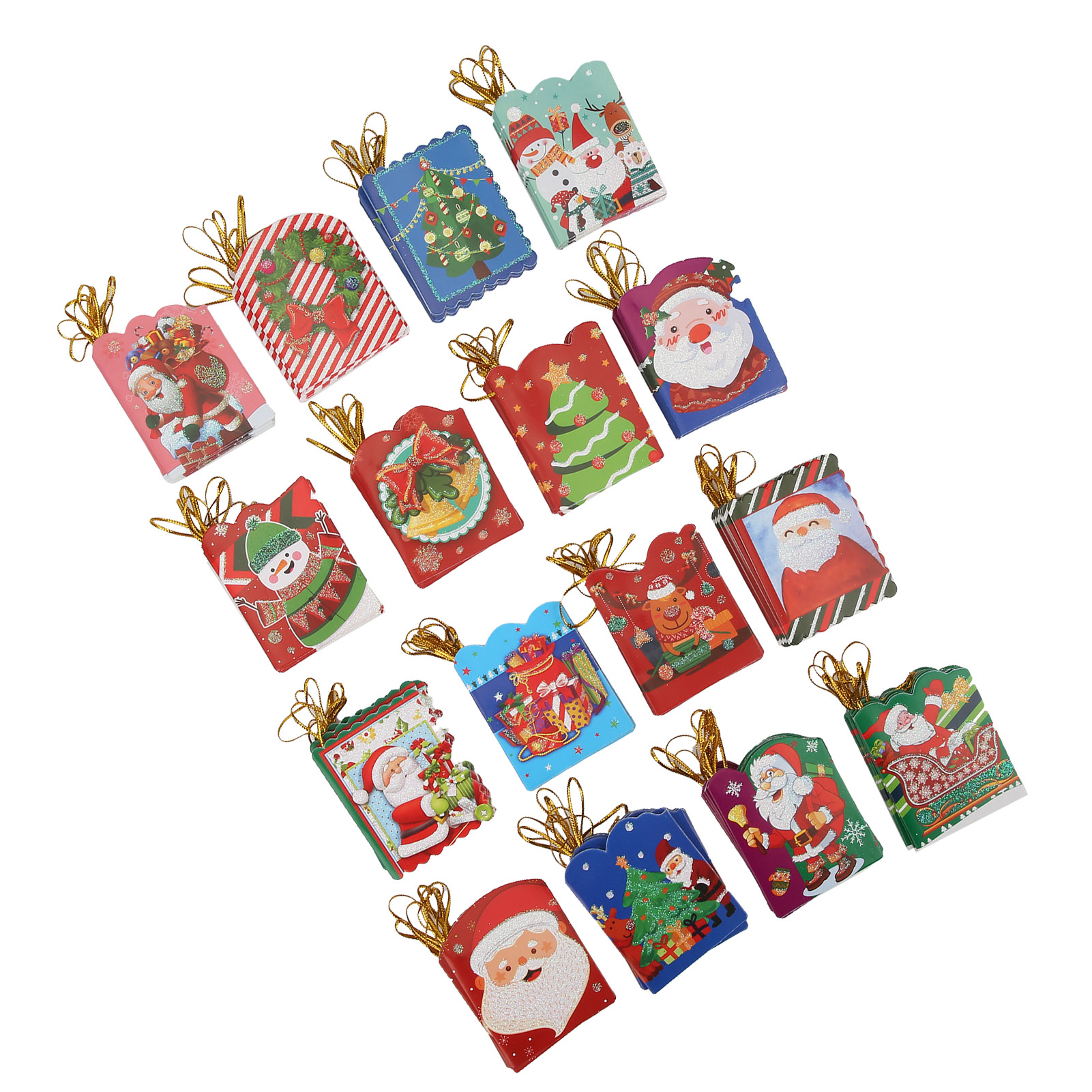 Eine Anordnung bunter Mini-Weihnachtsgeschenkboxen mit festlichen Motiven und goldenen Aufhängern.