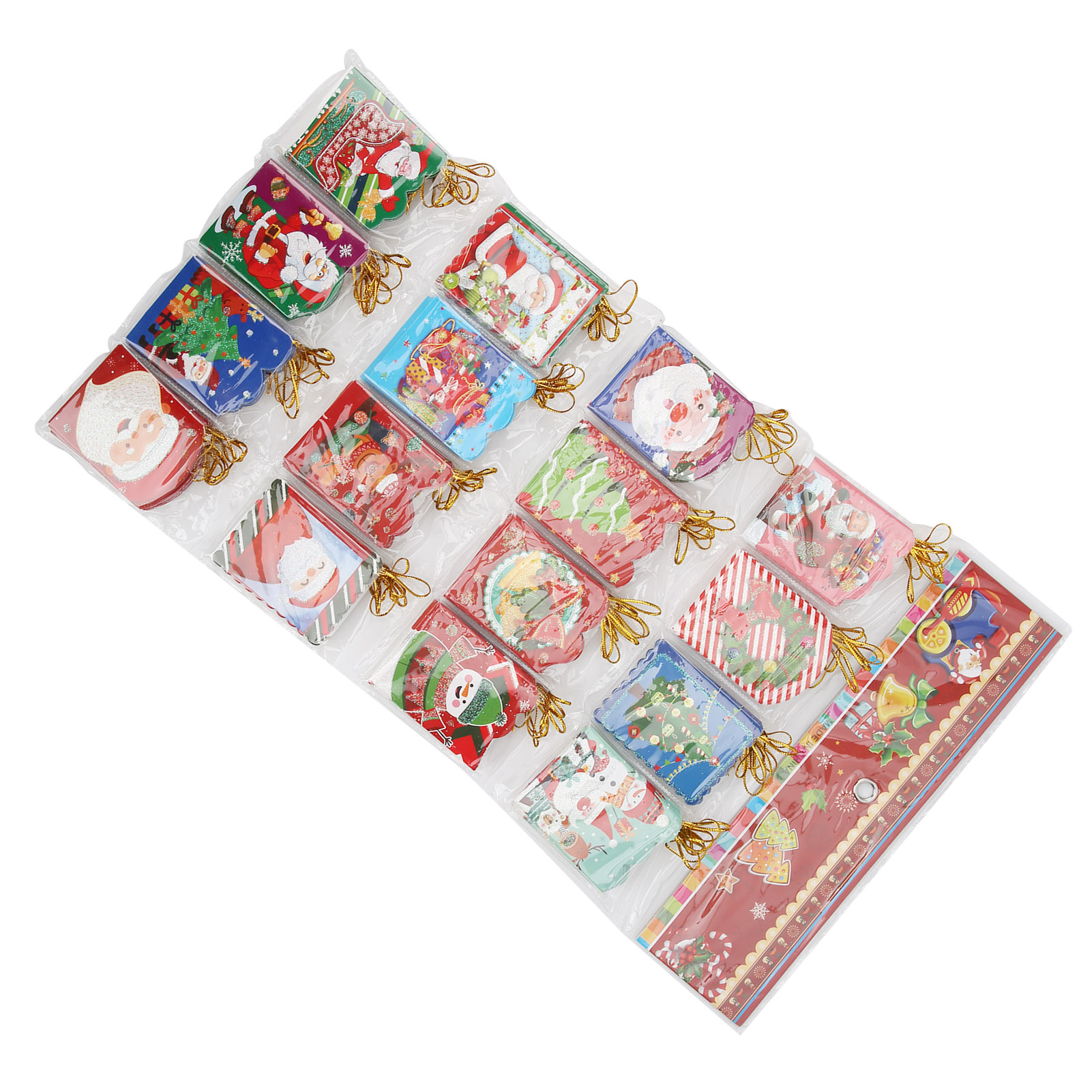 Eine Packung mit bunten Weihnachtskarten mit Figuren wie Weihnachtsmann und Rentieren.