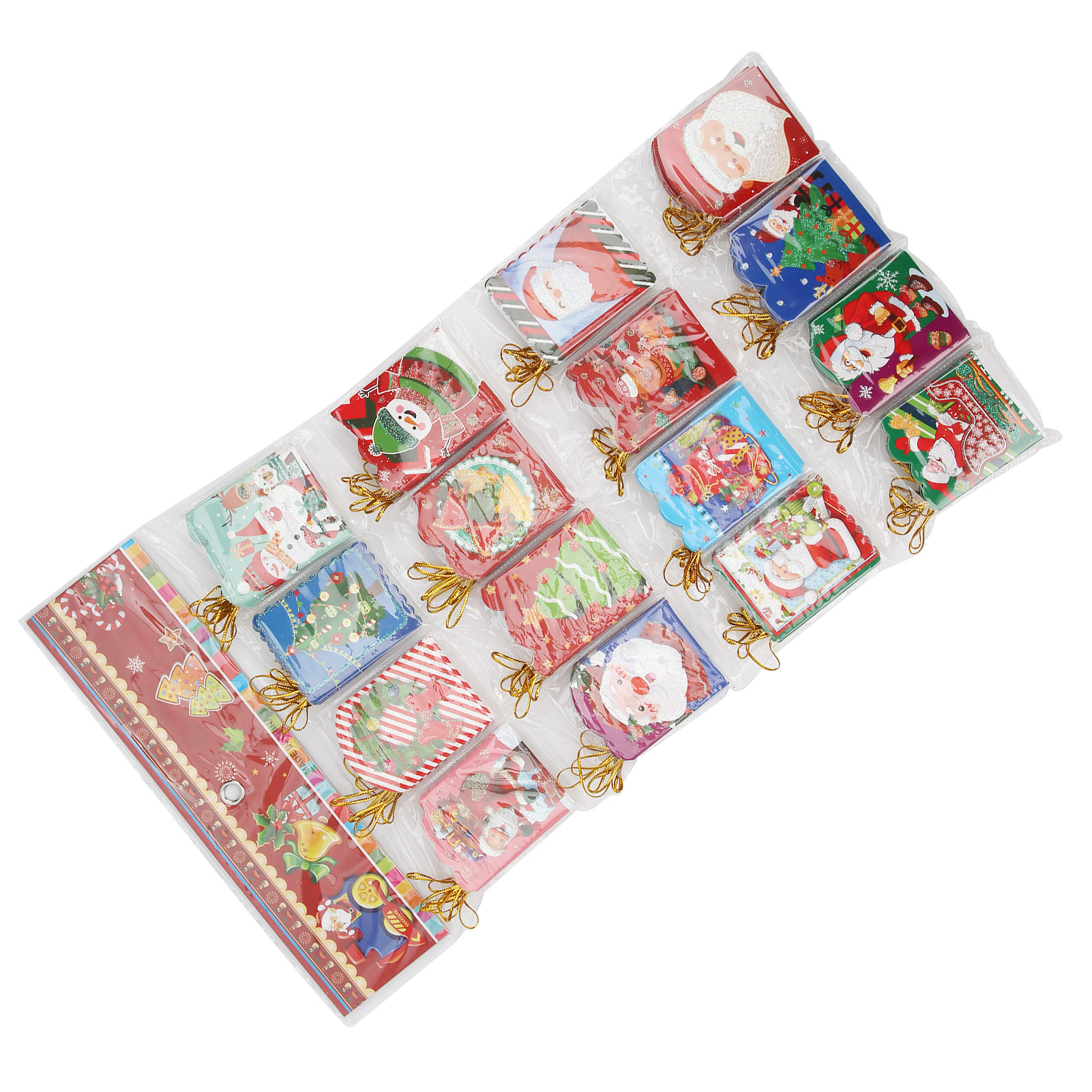Verpacktes Set kleiner Weihnachtskarten mit bunten Motiven wie Weihnachtsmann und Tannenbäumen.