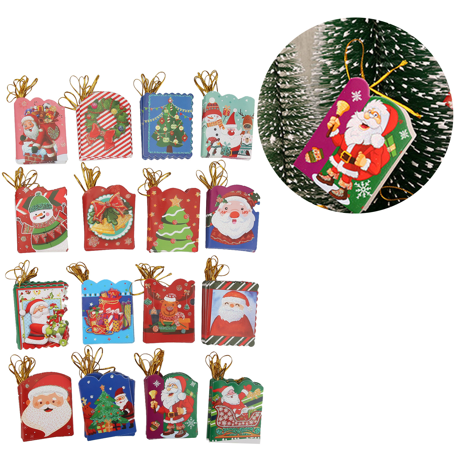Eine Sammlung bunter Weihnachtsetiketten mit Weihnachtsmann, Schneemännern und Tannenbäumen.