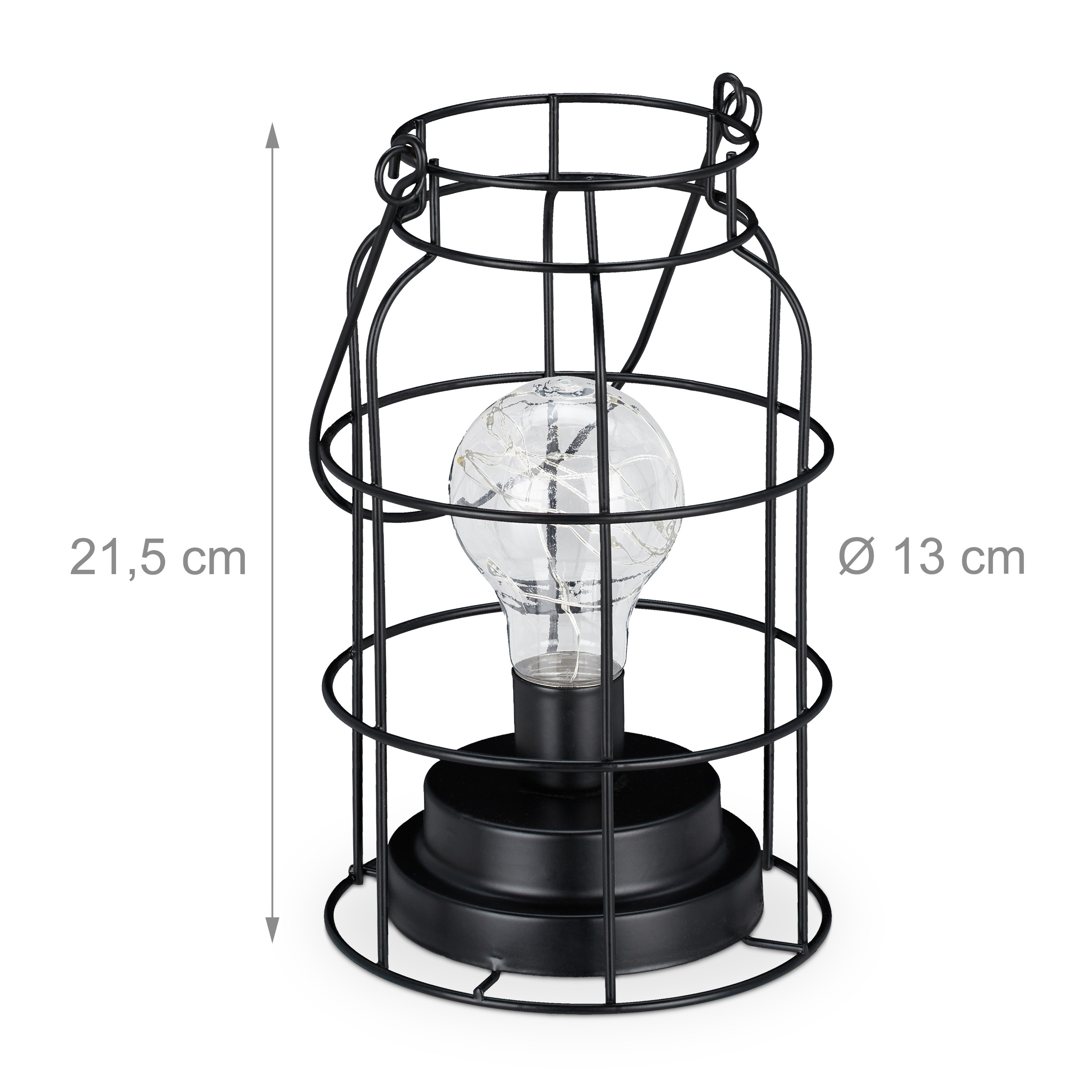 Schwarze Metall-Drahtlaterne mit integrierter LED-Glühbirne, Höhe 21,5 cm, Durchmesser 13 cm.
