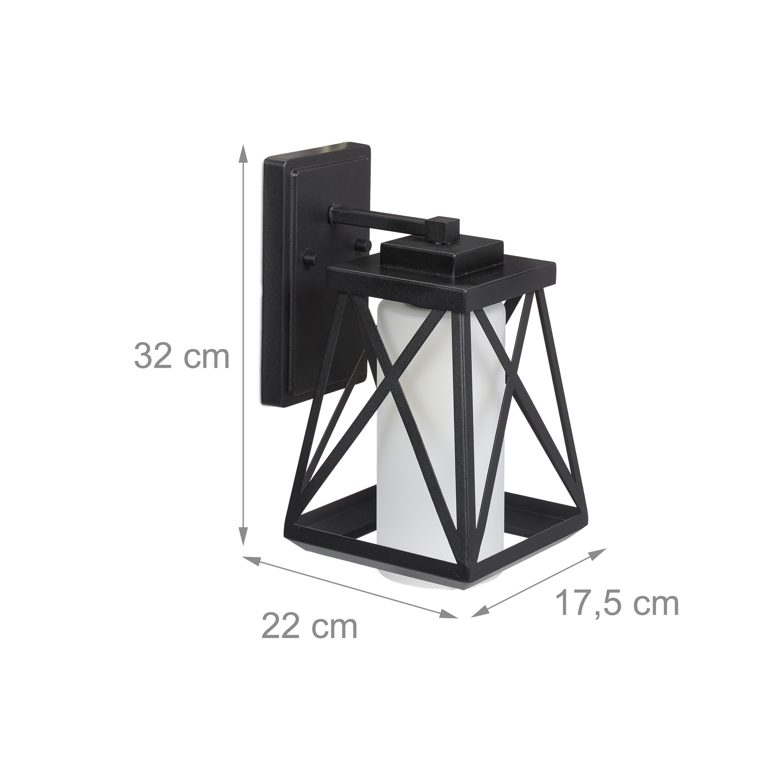 Schwarze Wandleuchte mit weißem Zylinderglas und Maßangaben in cm: 32 Höhe, 22 Breite, 17.5 Tiefe.