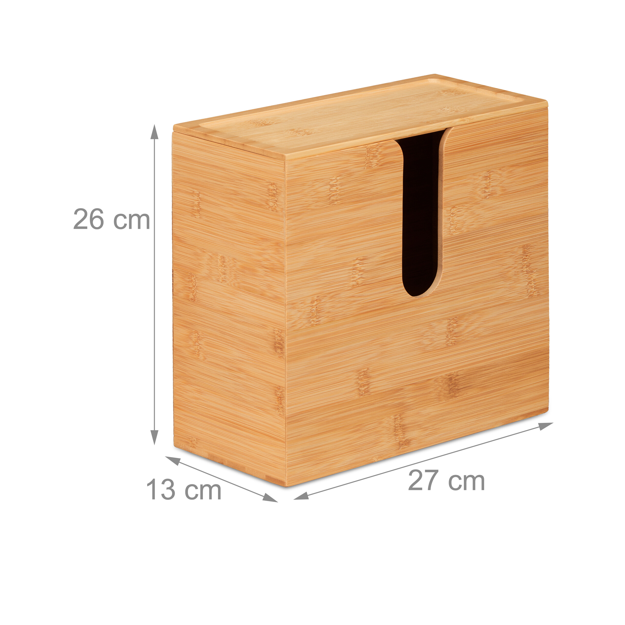 Eine rechteckige Kosmetiktuchbox aus Bambus mit 26 cm Höhe, 27 cm Breite und 13 cm Tiefe auf weißem Hintergrund.