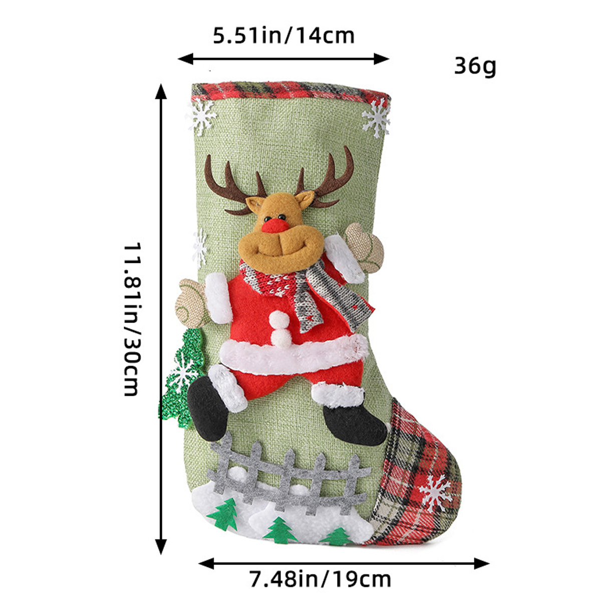 Grüner Weihnachtsstumpf mit Rentier, karierten Details und Maßen auf weißem Hintergrund.