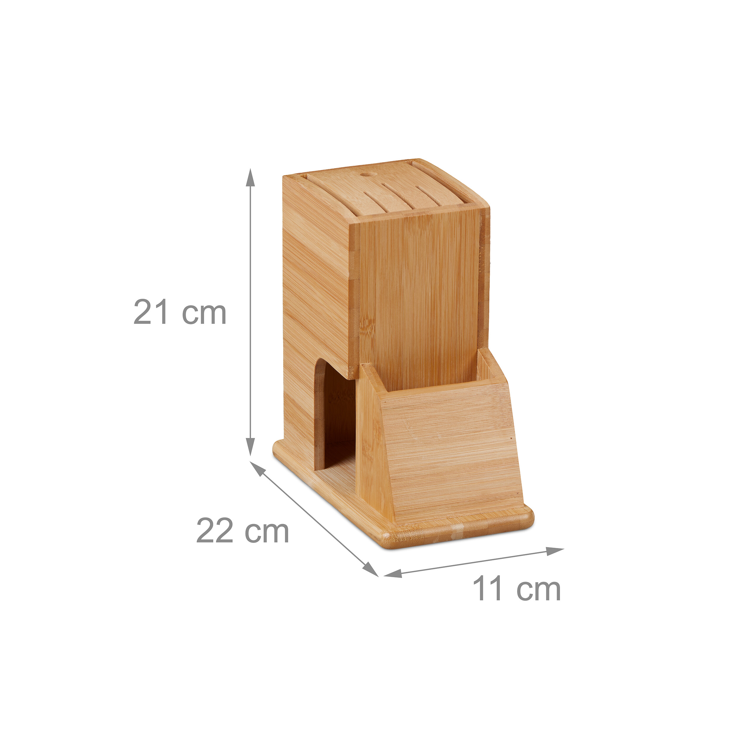 Holz-Messerblock mit Abmessungen von 21 cm Höhe, 22 cm Länge und 11 cm Breite auf weißem Hintergrund.