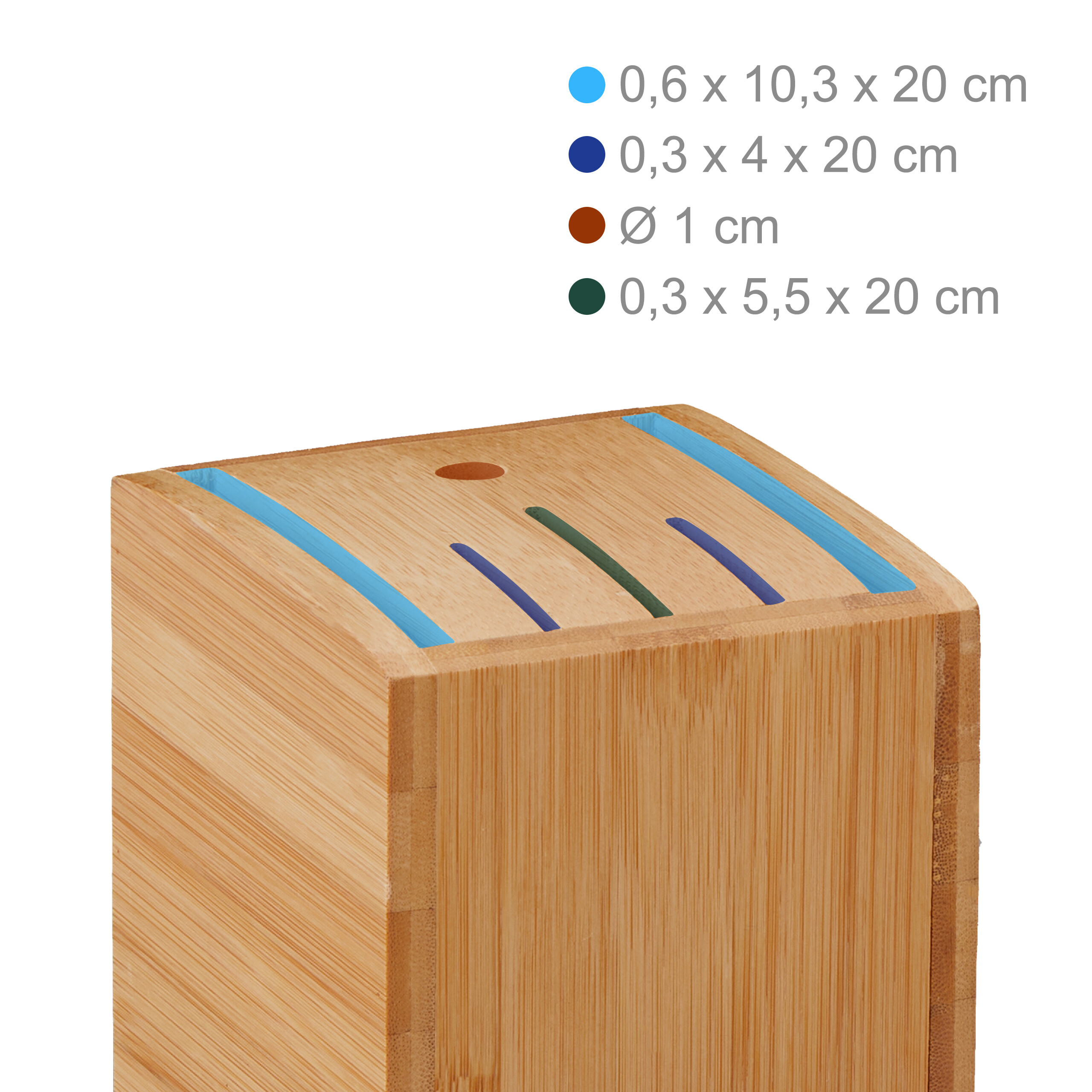 Holz-Messerblock mit Maßen in cm für Schlitze in Blau, Dunkelblau, Braun und Dunkelgrün.