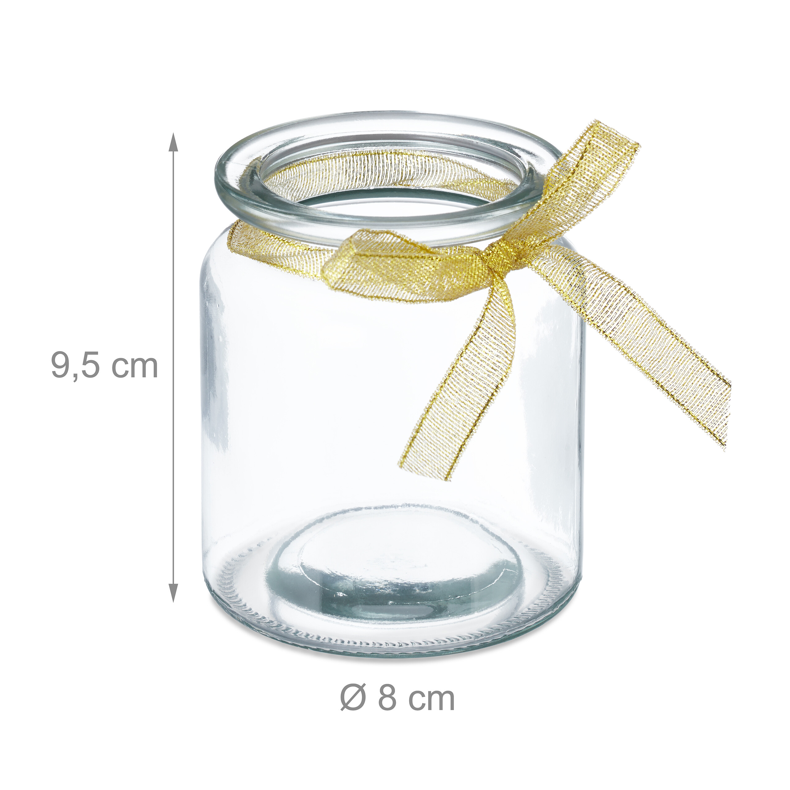 Ein klares Glasgefäss mit einer goldenen Schleife am Hals, Masstab 9,5 cm hoch und 8 cm im Durchmesser auf weißem Hintergrund.