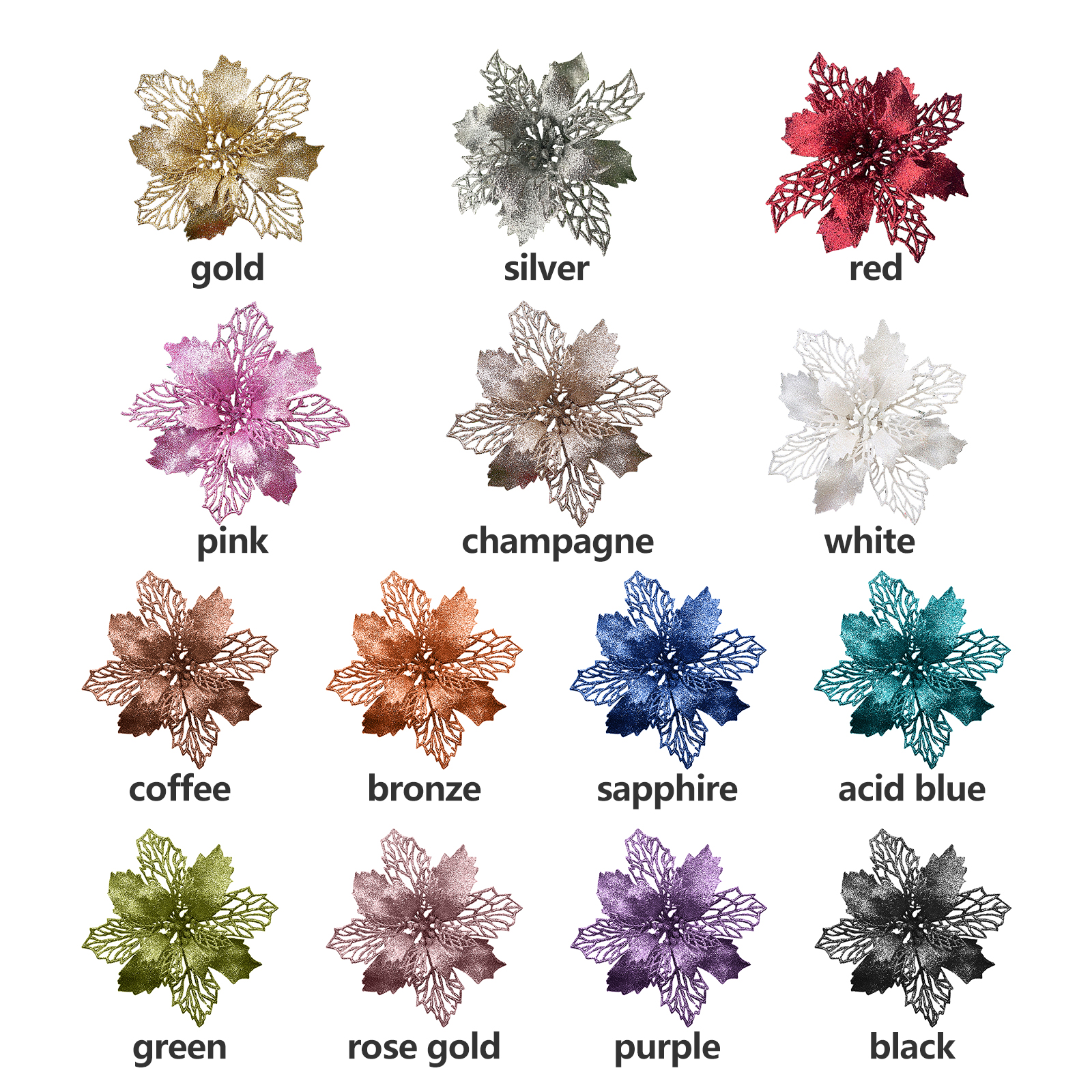 Zwölf glitzernde Weihnachtsstern-Blumendekorationen in verschiedenen Farben mit entsprechenden Beschriftungen.