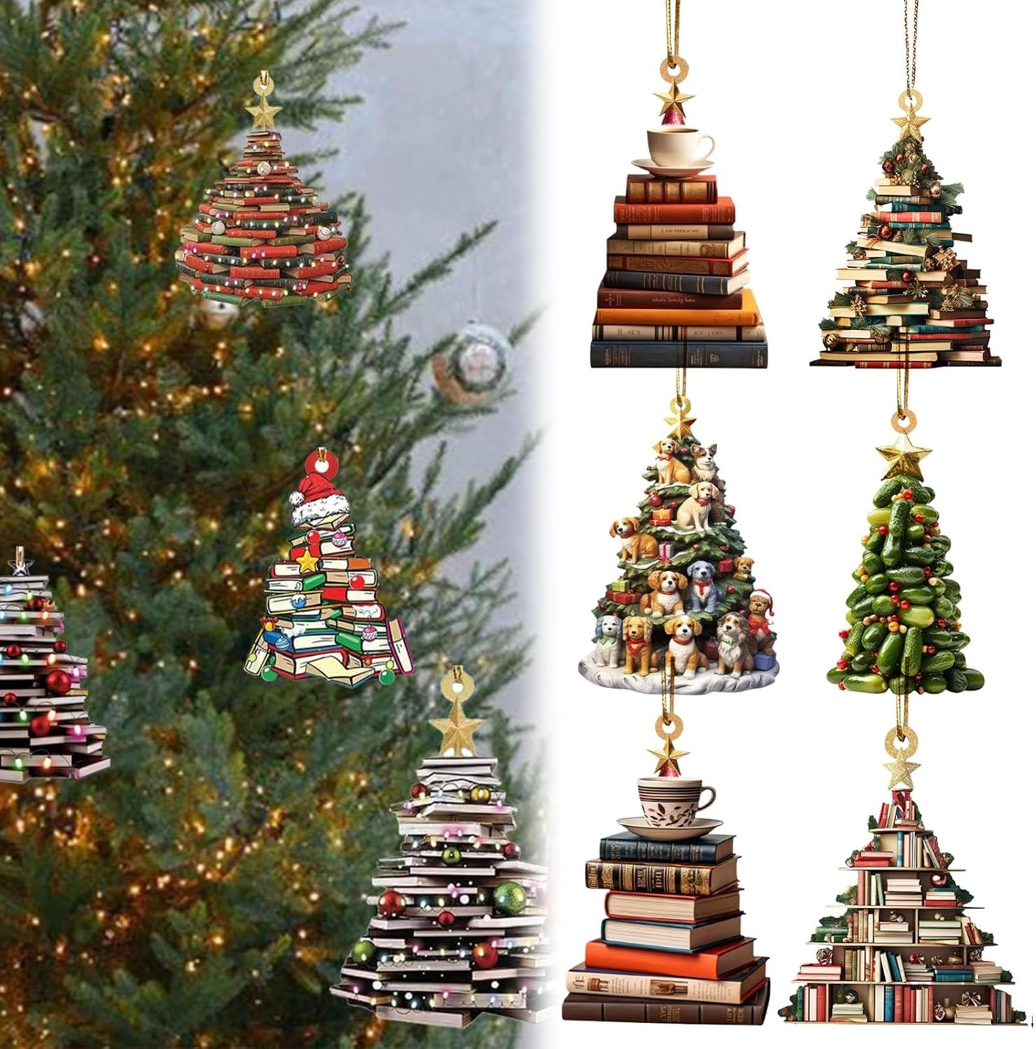Verschiedene Weihnachtsschmuckstücke, darunter Weihnachtsbaumformen aus Büchern, Hunden und Gurken.