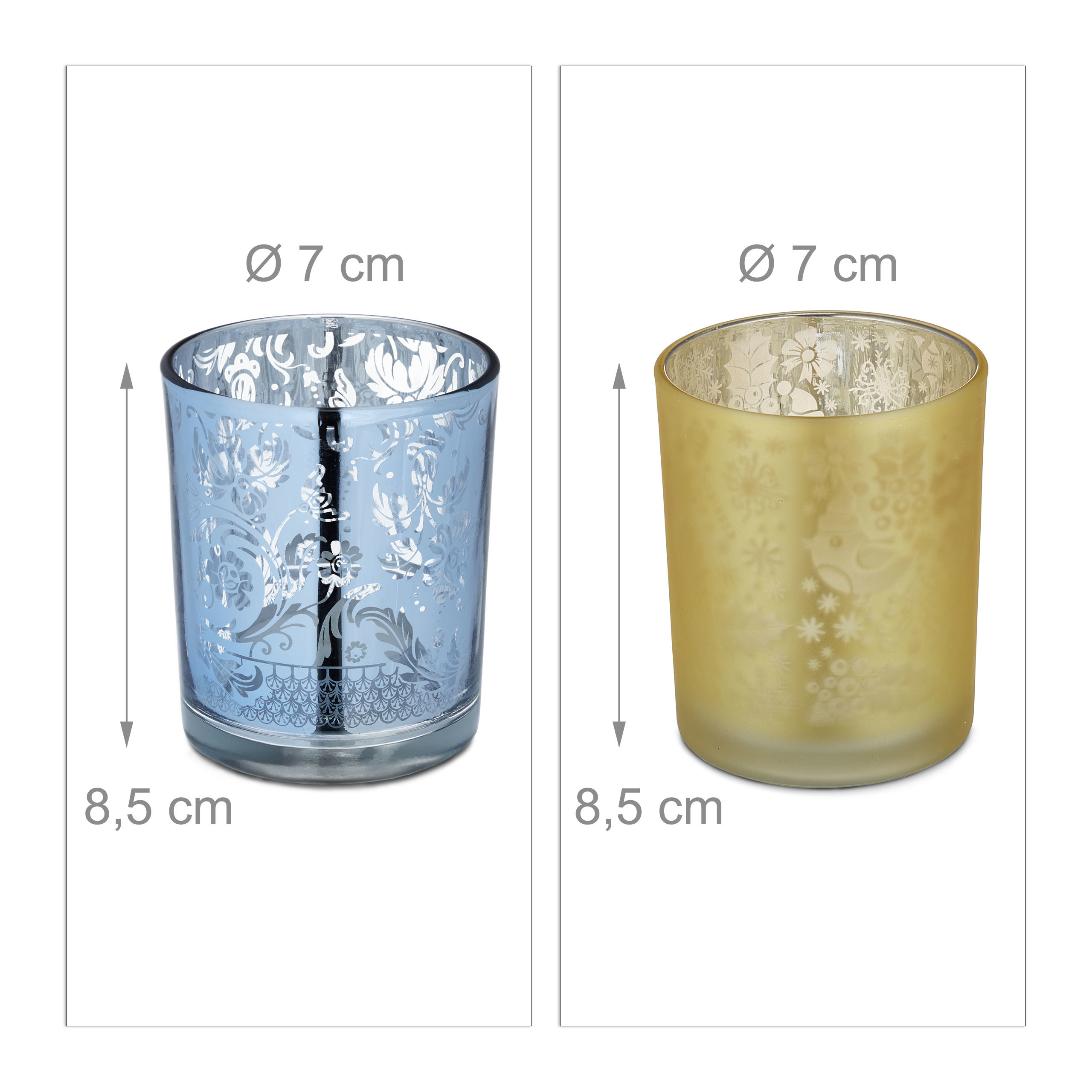 Zwei dekorative Kerzengläser mit Mustern und Maßangaben in cm: blau und gelb.