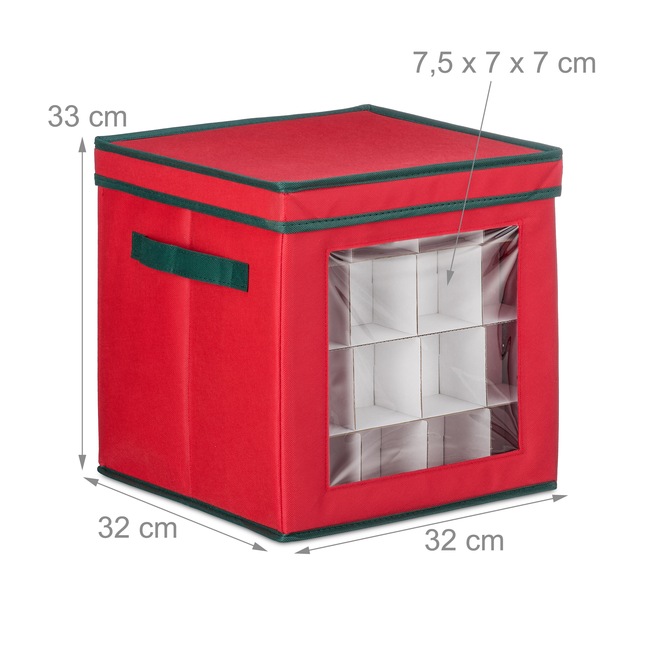 Rote Aufbewahrungsbox mit grünem Rand, Sichtfenster und Maßangaben in cm.