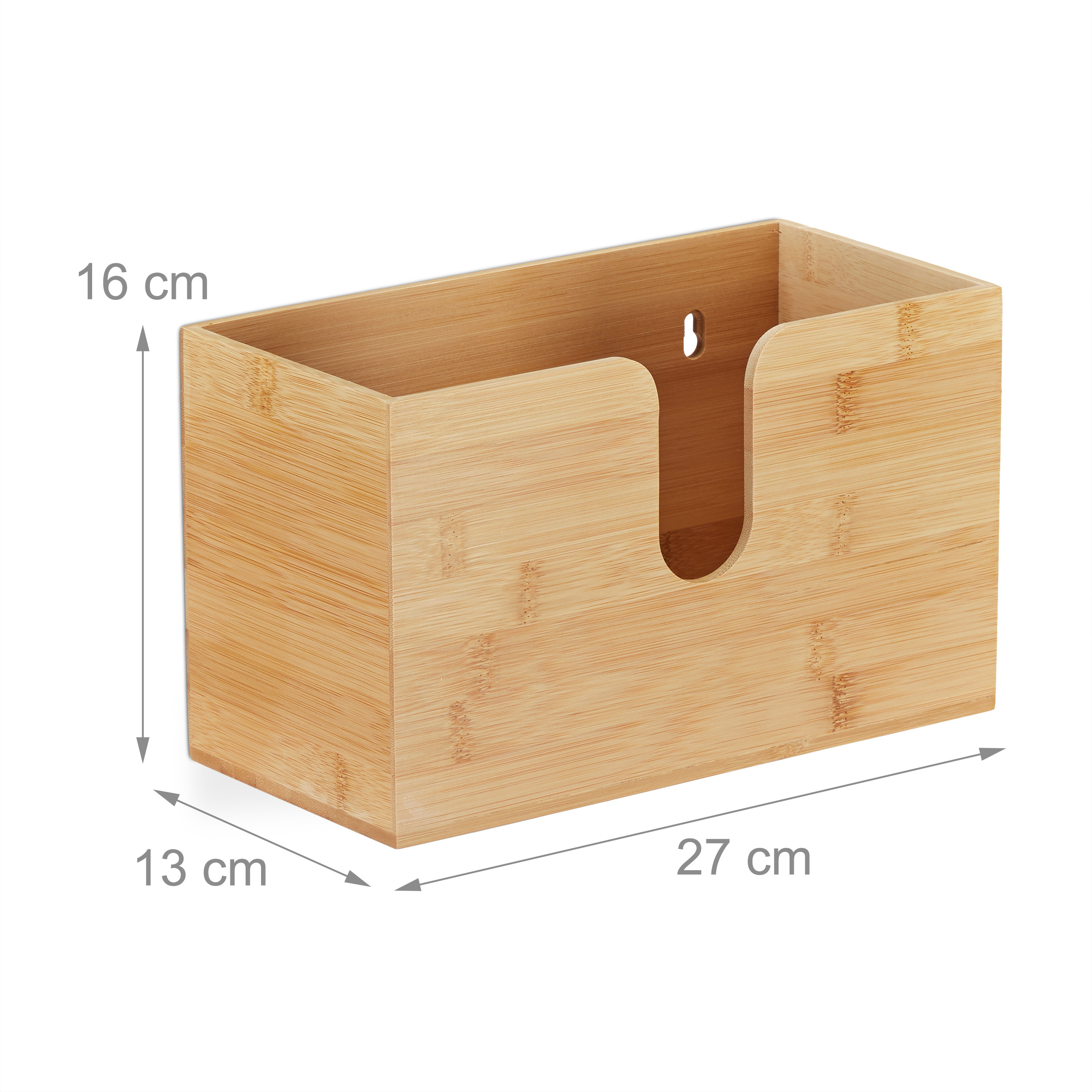 Rechteckige Bambusbox mit Maßen 27x13x16 cm und Frontöffnung.