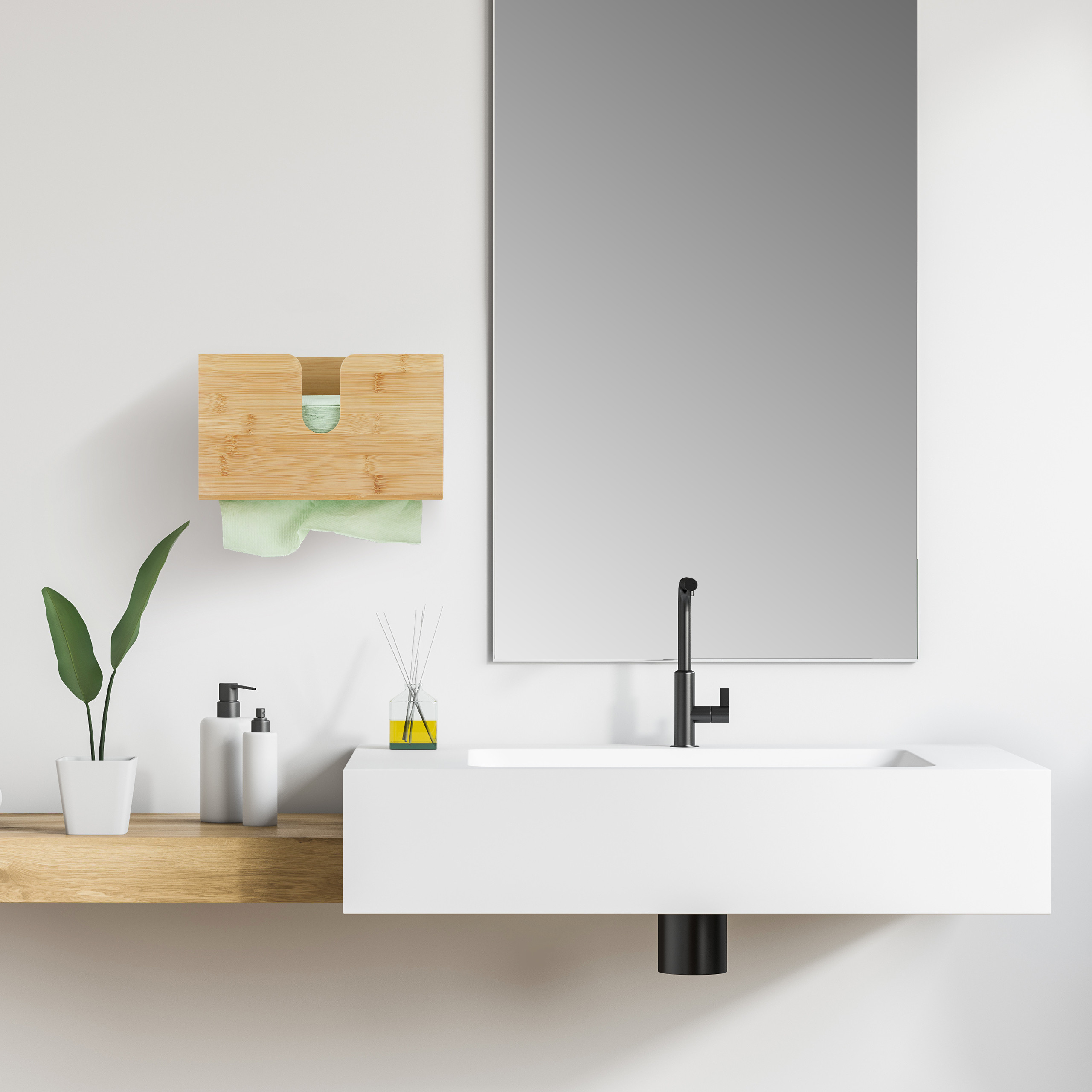 Ein modernes weißes Waschbecken mit schwarzem Wasserhahn, großem Spiegel und einem Holzregal mit Toilettenartikeln und Pflanze.