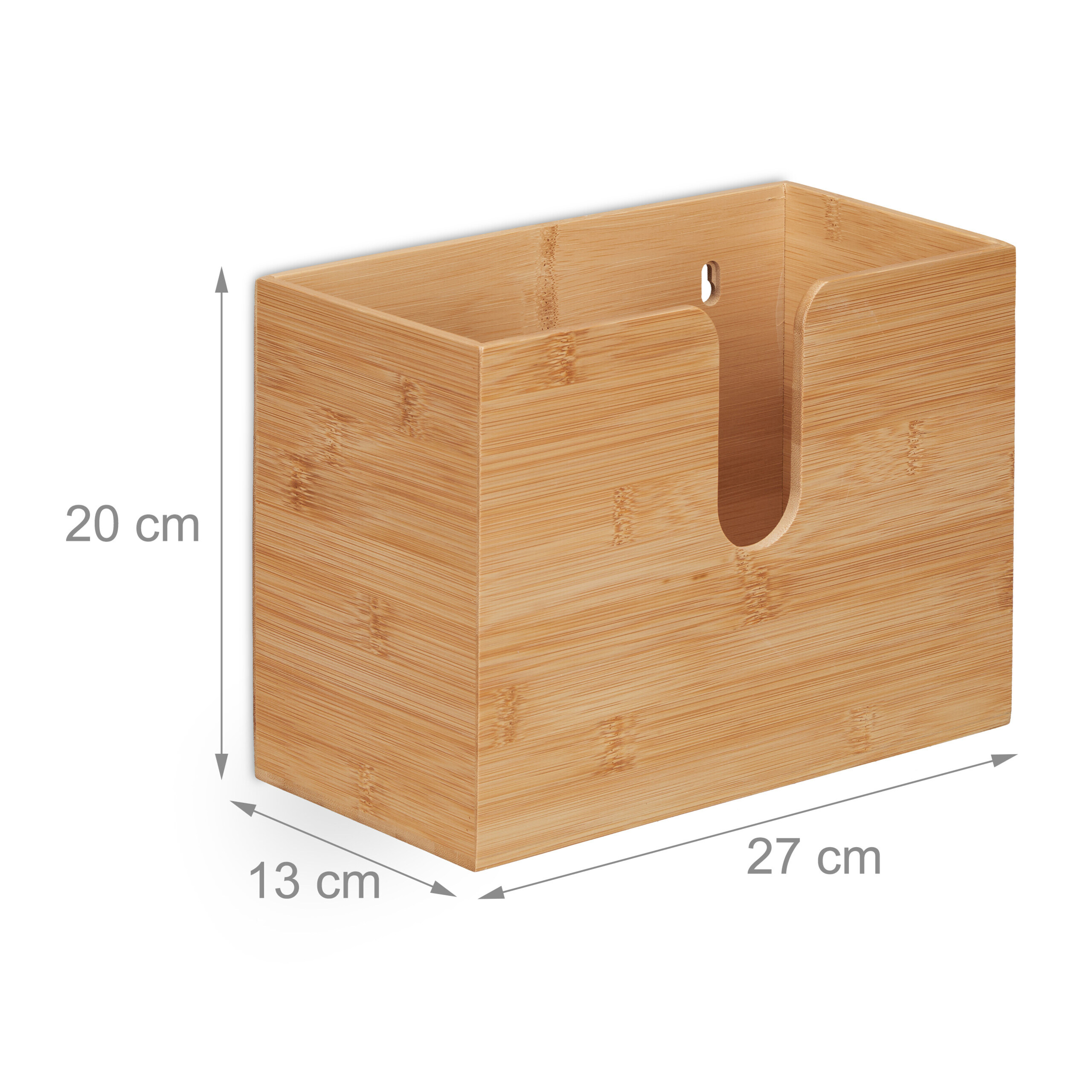 Bambus-Aufbewahrungsbox, 27x13x20 cm groß, mit Frontöffnung und Maßeinheiten.