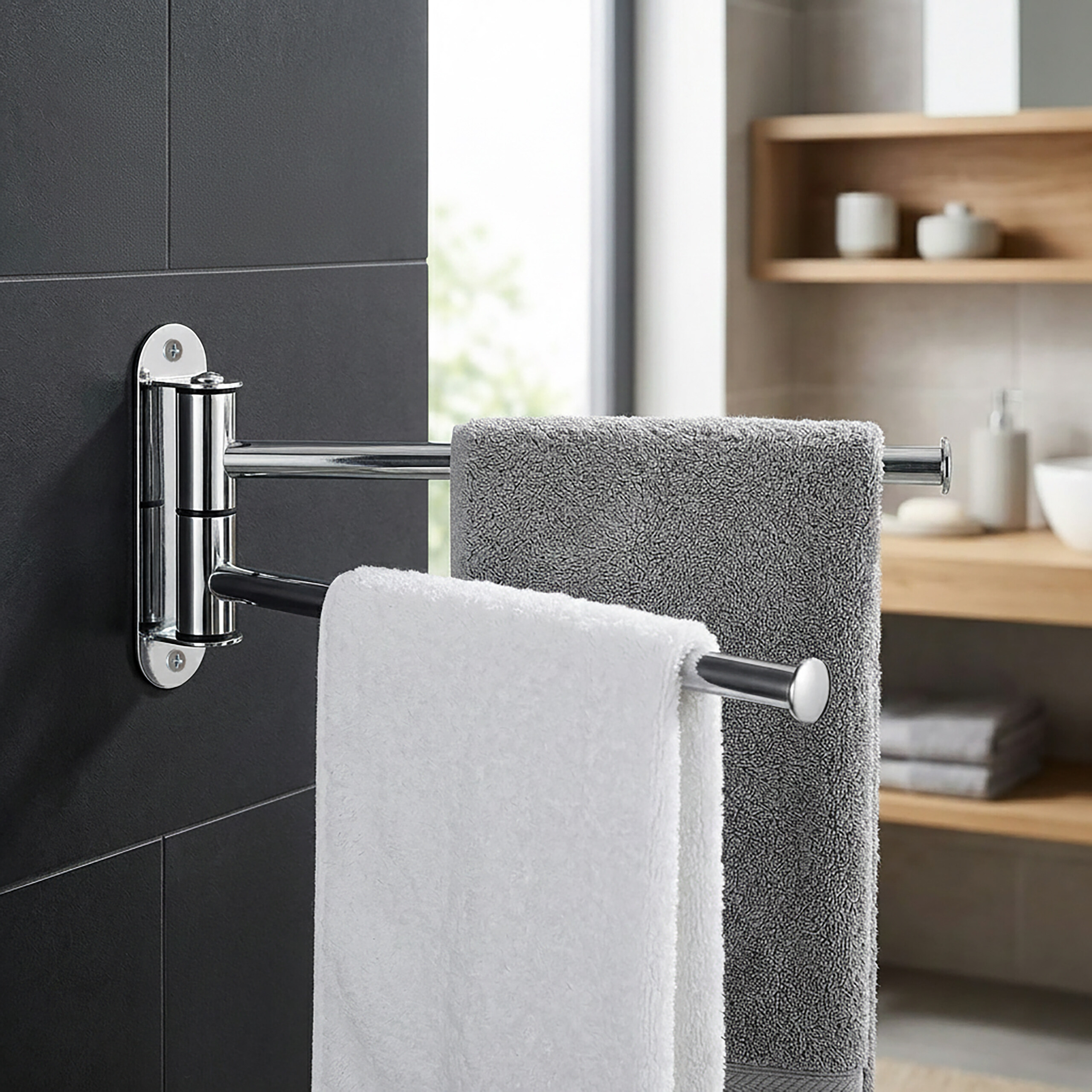 Ein chromfarbener, schwenkbarer Handtuchhalter an einer schwarzen Wand mit grauen und weißen Handtüchern.