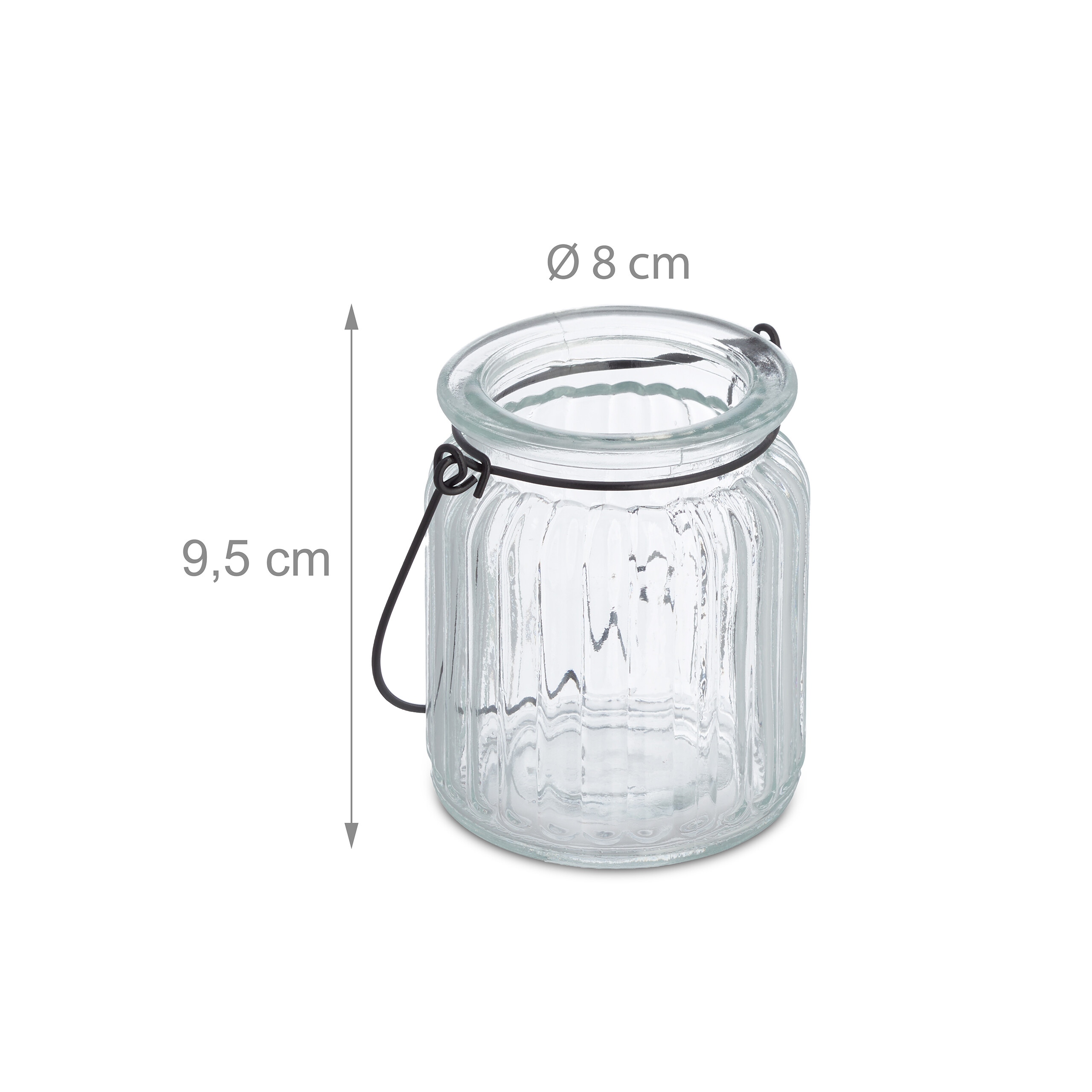Klares, geripptes Glasgefäß mit schwarzem Drahtgriff, Höhe 9,5 cm, Durchmesser 8 cm.