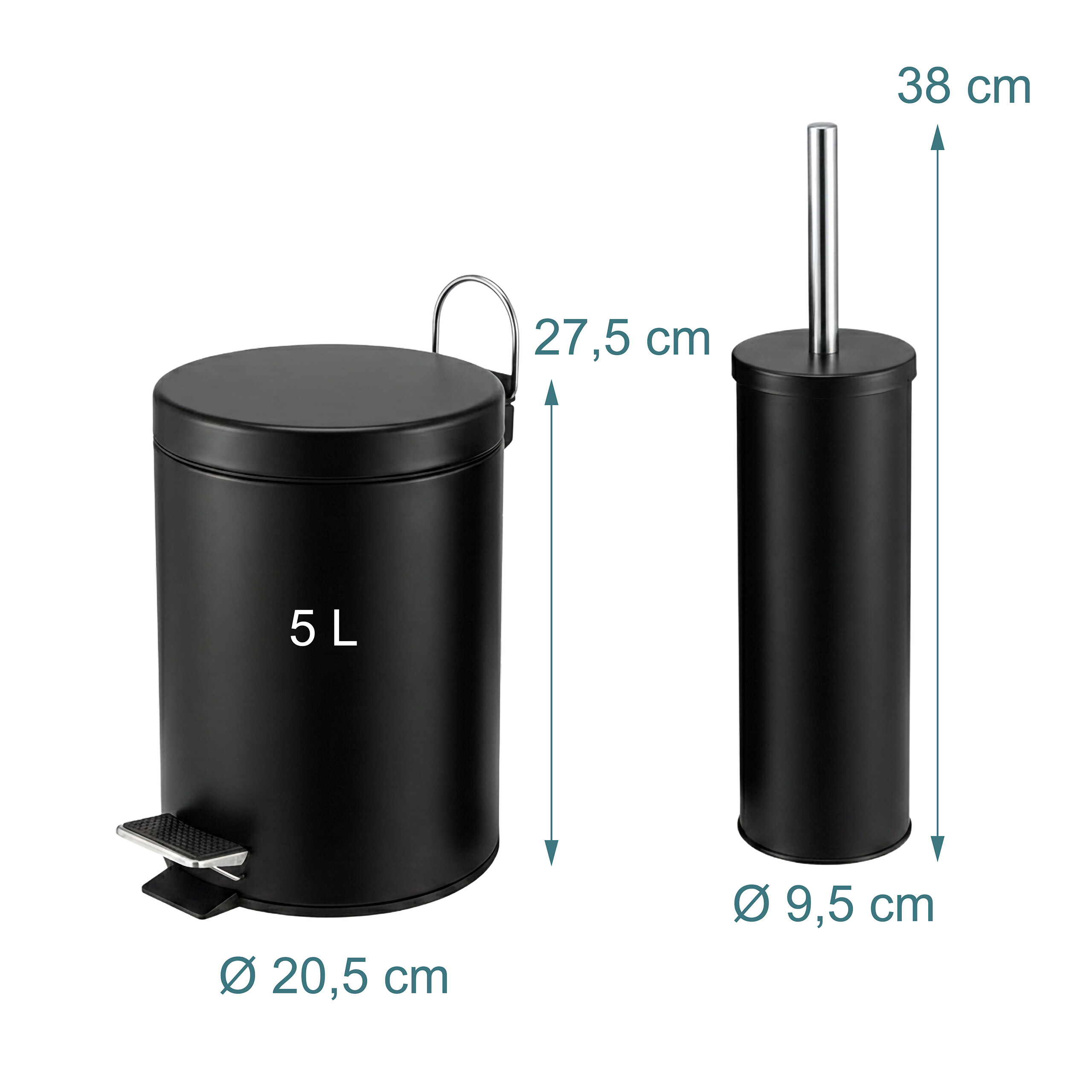 Schwarzer 5L-Treteimer mit Fußpedal und WC-Bürstengarnitur, inklusive Maßangaben in cm auf hellem Hintergrund.
