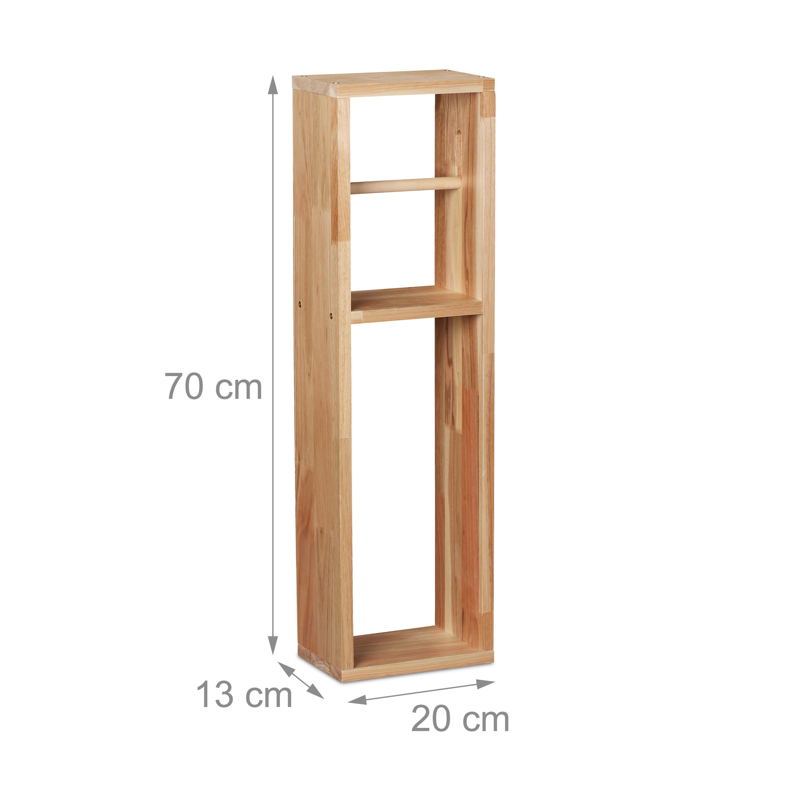 Hohes Badezimmerregal aus Holz mit Maßen 70x20x13 cm vor weißem Hintergrund.
