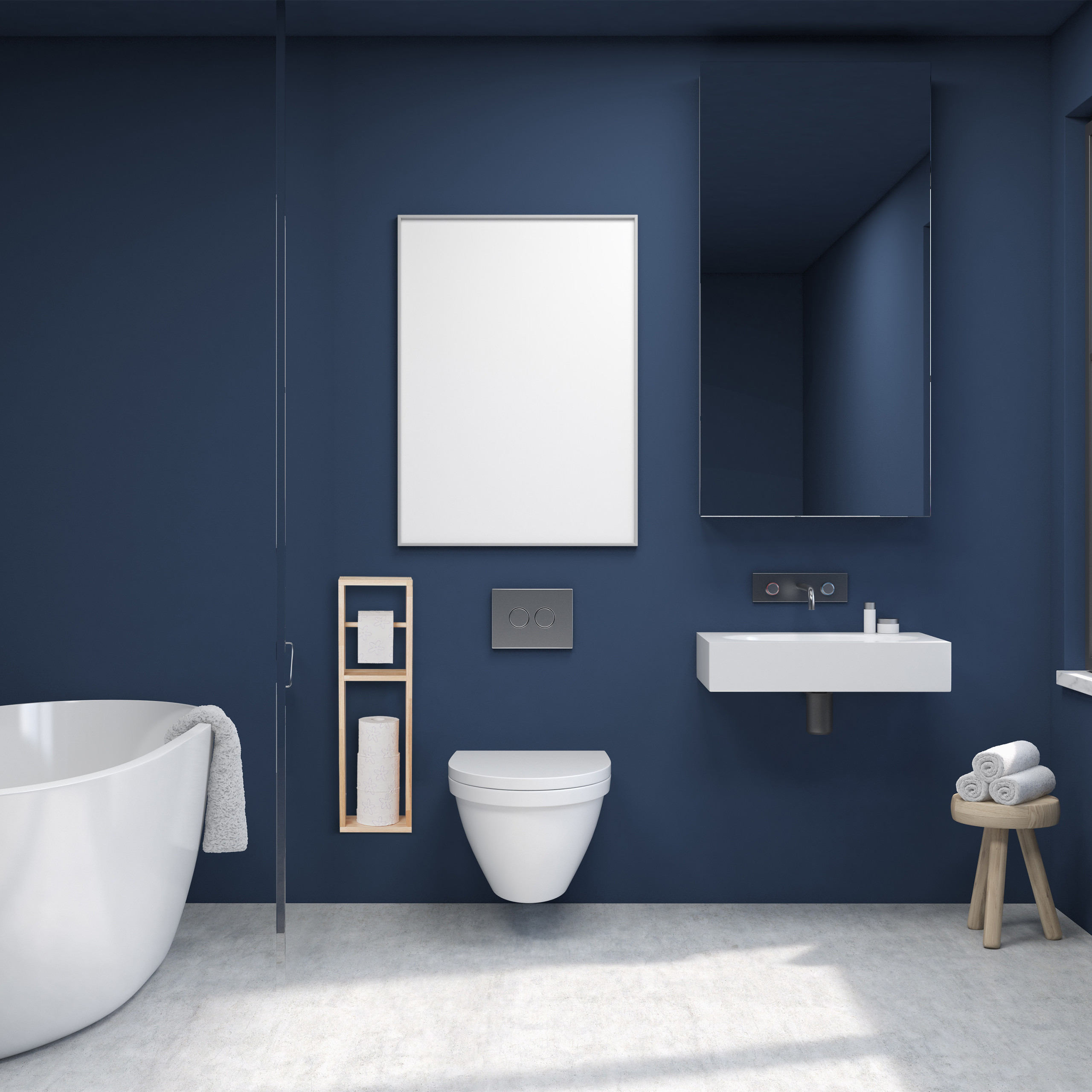 Modernes Badezimmer mit blauen Wänden, weißer Badewanne, hängendem WC, Waschbecken und einem Spiegel.