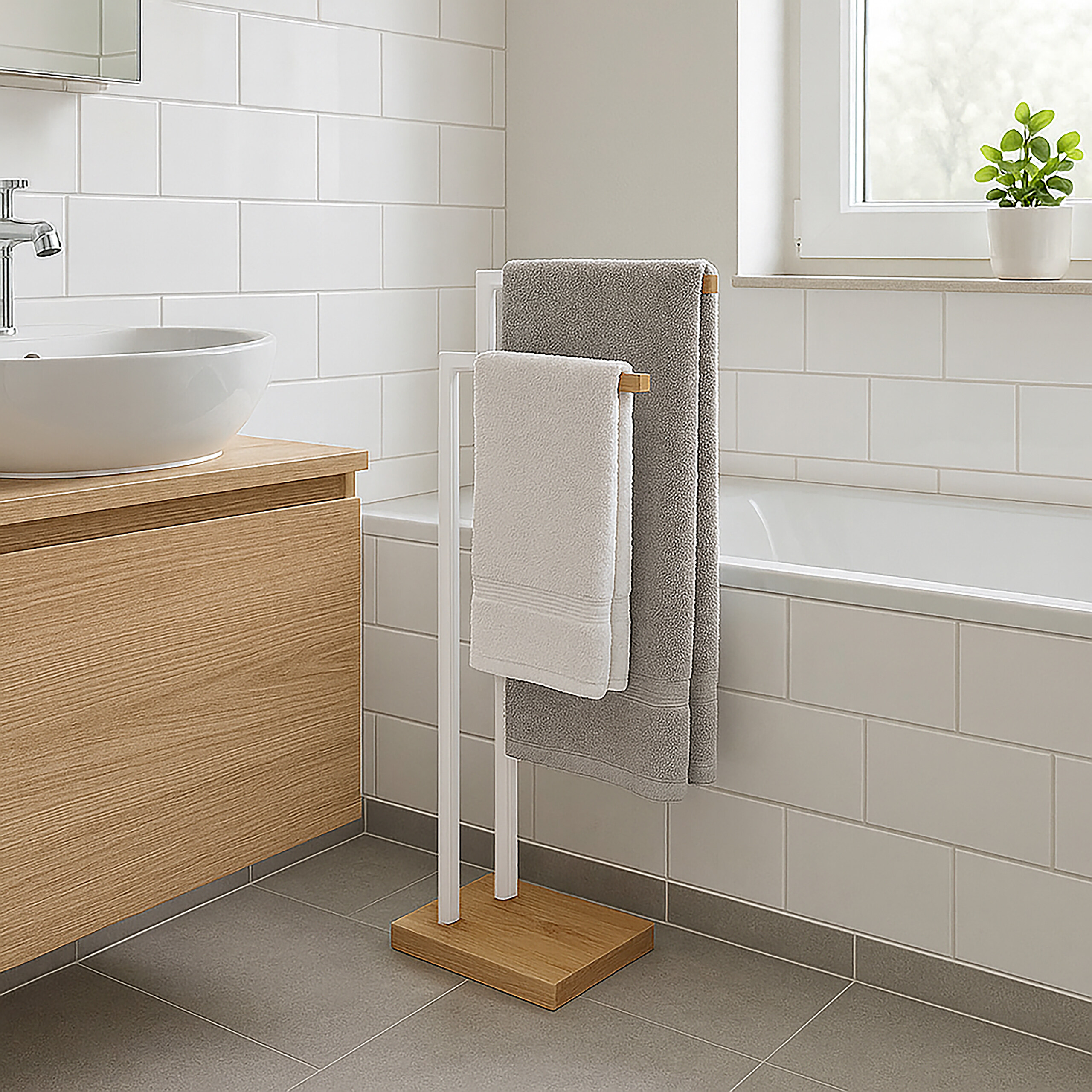Ein weiß-brauner Handtuchhalter steht in einem hellen Badezimmer mit Badewanne und Waschbecken.