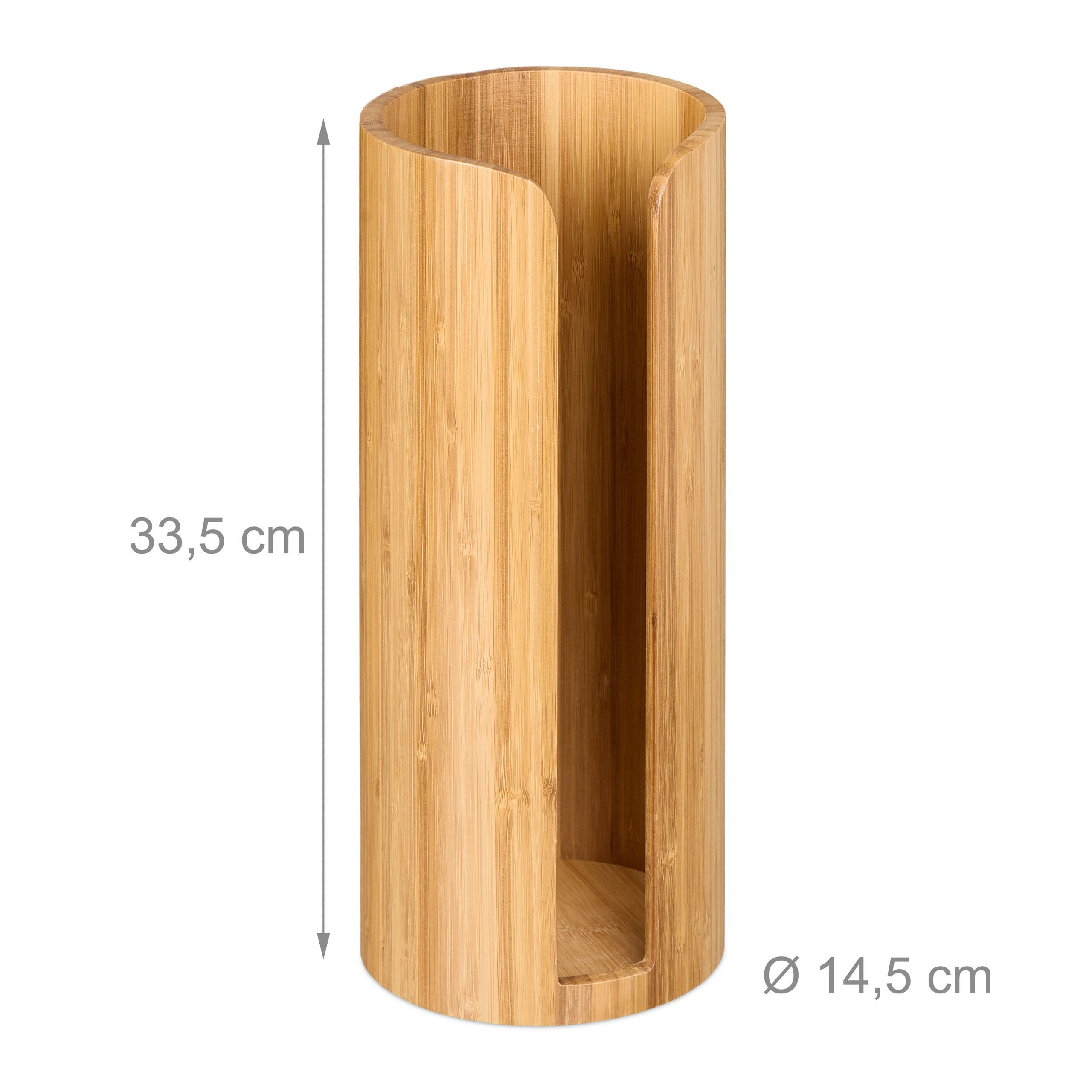 Zylindrischer Kaffeepadhalter aus Bambus mit Abmessungen von 33,5 cm Höhe und 14,5 cm Durchmesser.