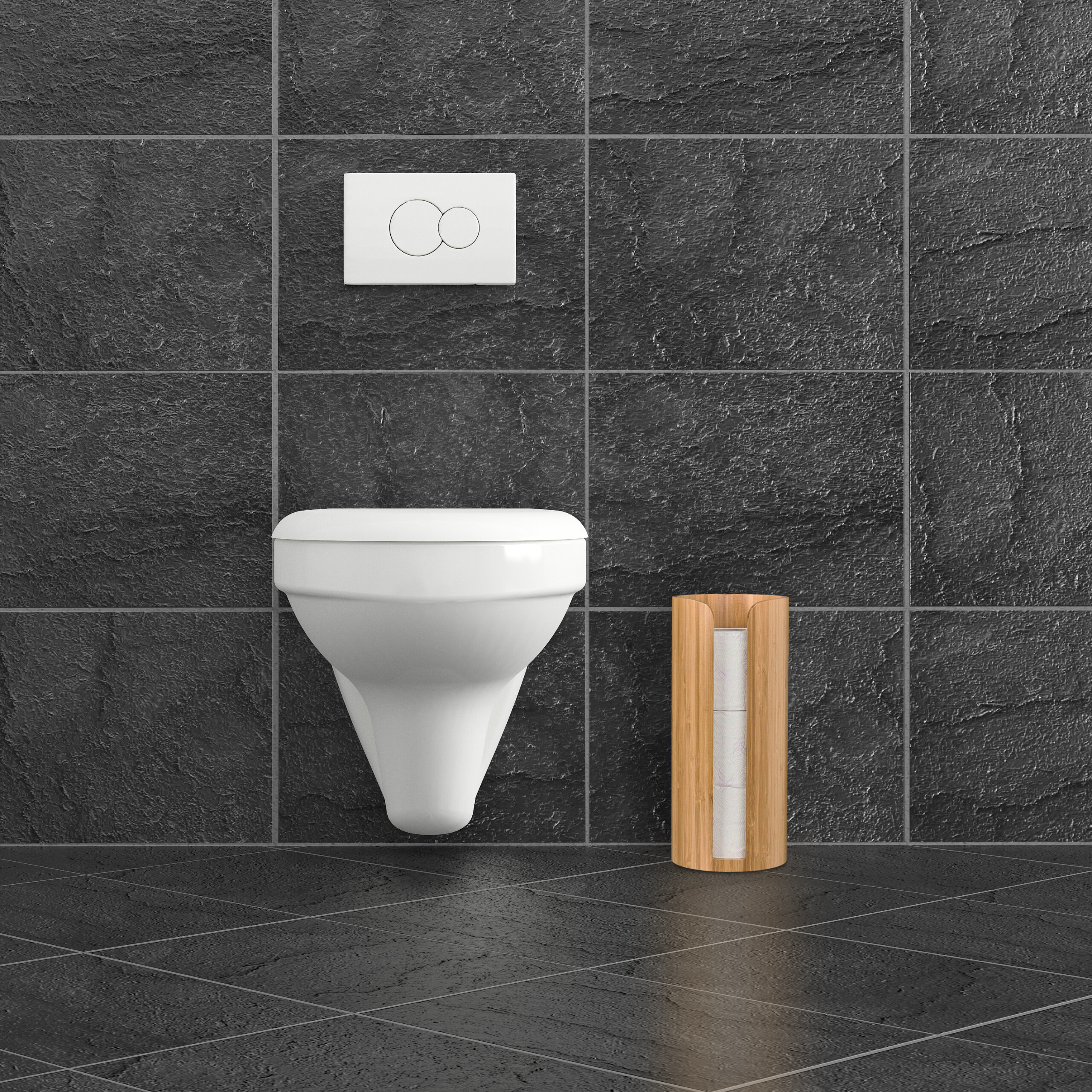Ein weißes Wand-WC und ein Toilettenpapierhalter aus Holz vor dunkelgrauen Steinറ്iesen.
