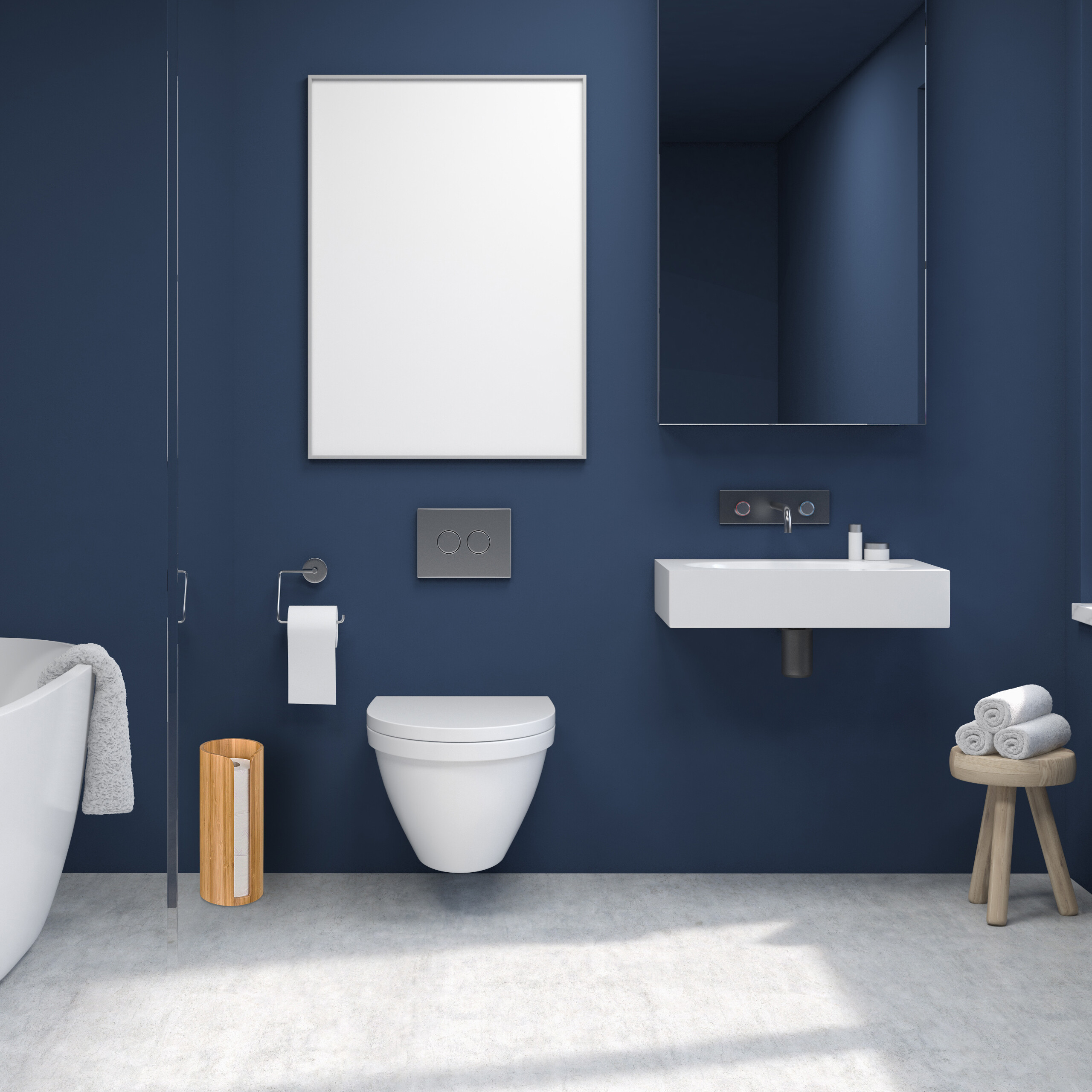 Ein modernes Badezimmer mit dunkelblauen Wänden, einer weißen Badewanne, Toilette, Waschbecken und einem Bilderraum.
