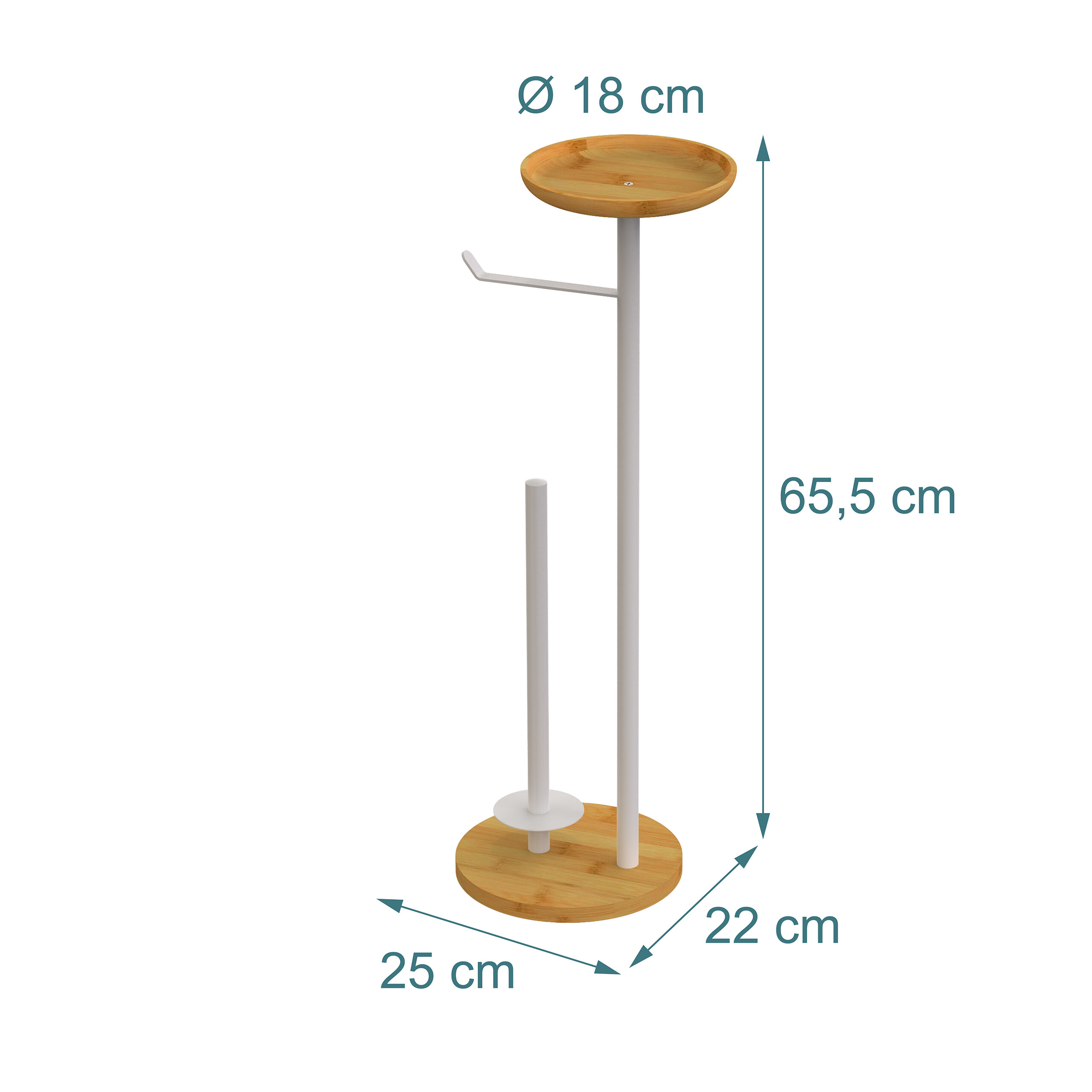 Toilettenpapierständer aus weißem Metall und Bambus mit Ablage, Maße: 65,5x25x22 cm, Ablage Ø 18 cm.