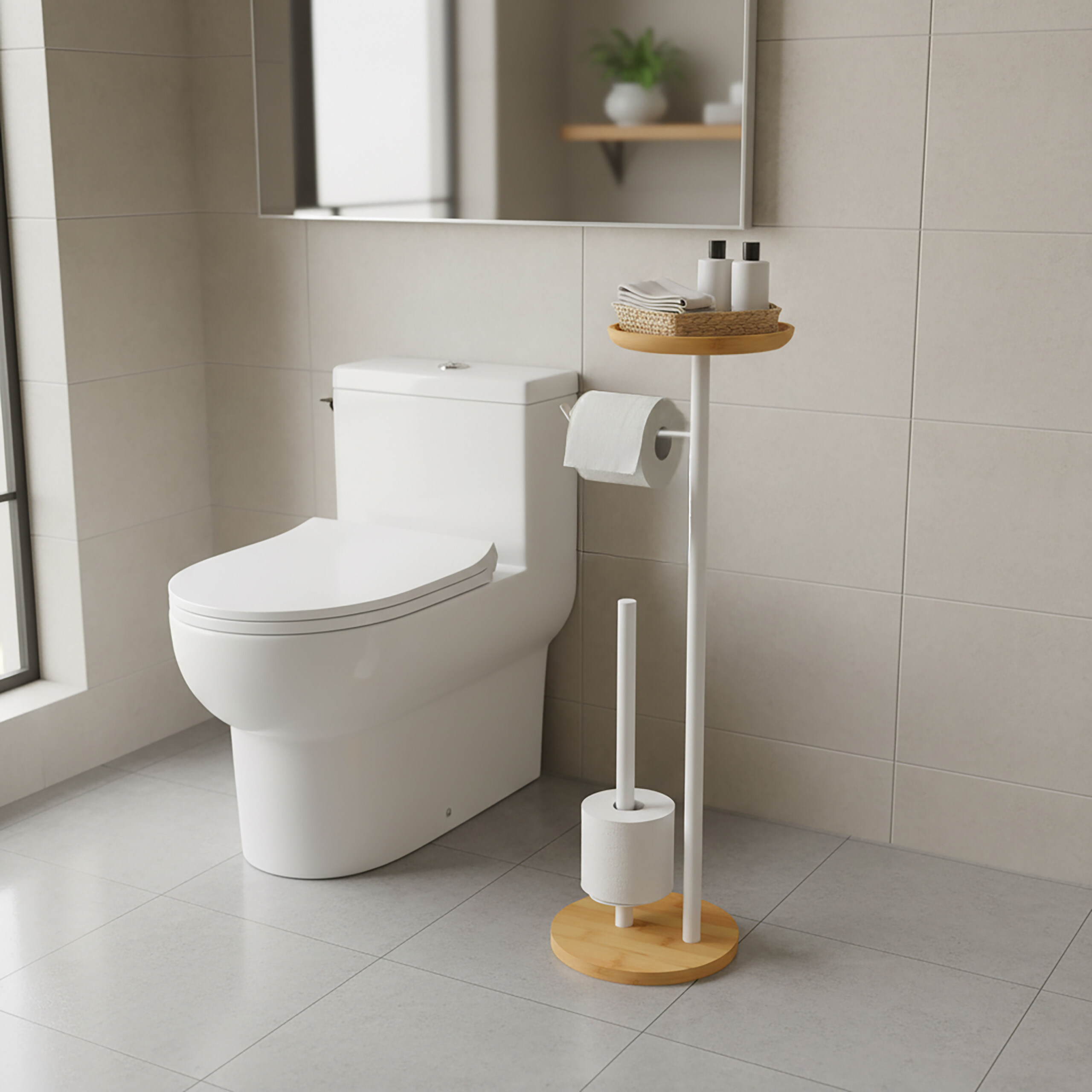 Moderne Toilette mit einem weissen und holzfarbenen Toilettenpapierhalter und integrierter Bürste in einem hellen Bad.