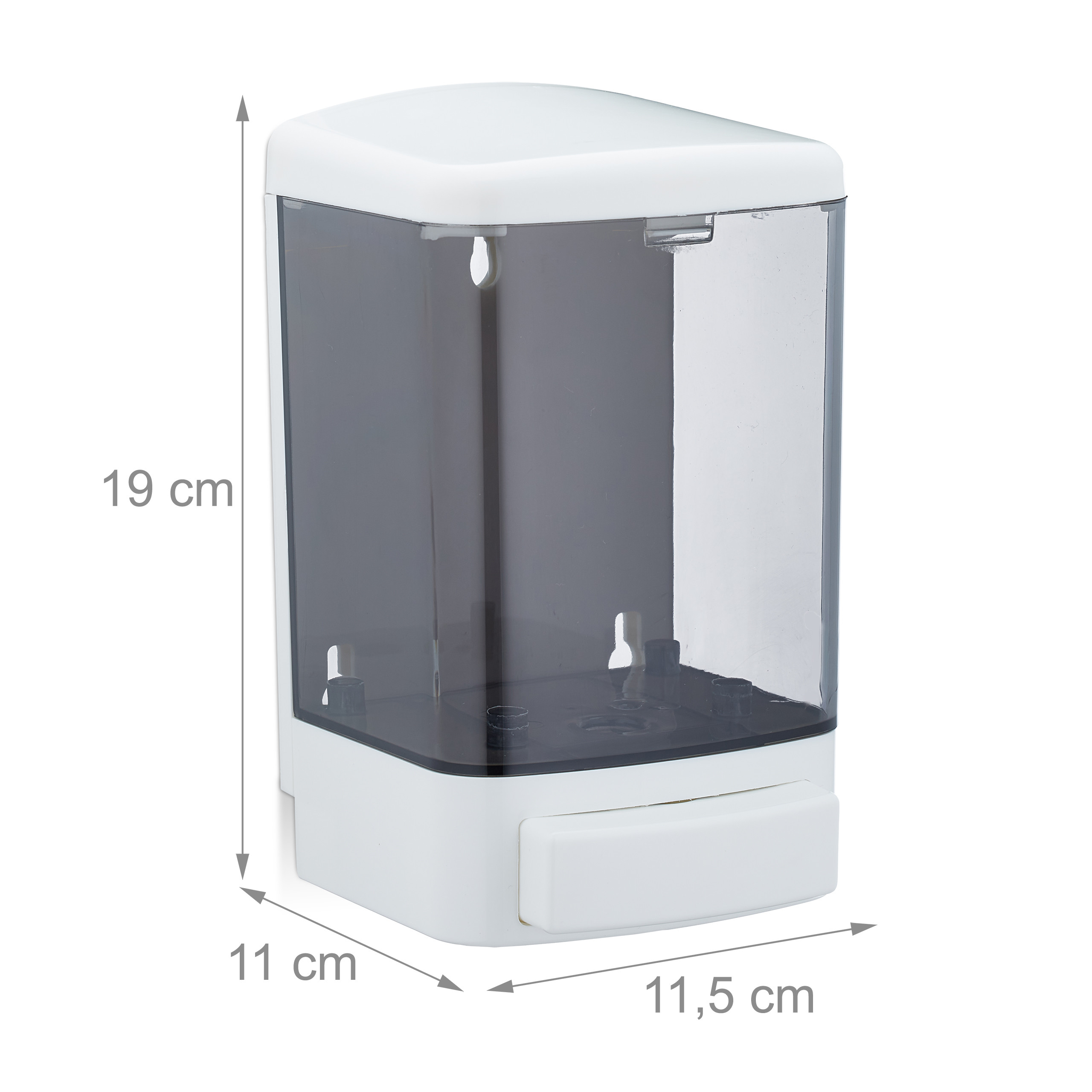 Weißer Seifenspender mit transparentem Tank und Maßen von 19x11,5x11 cm auf weißem Hintergrund.
