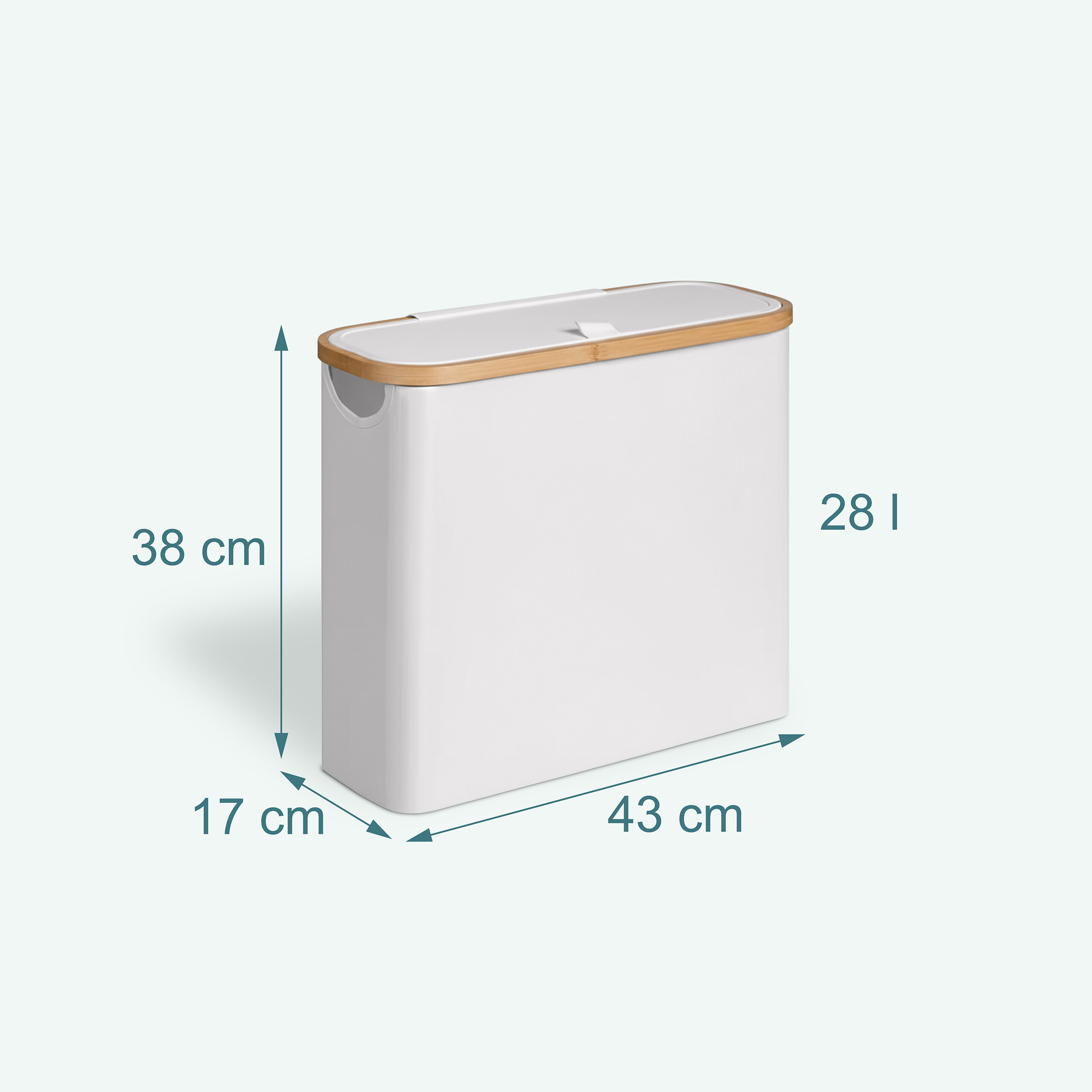 Weißer Mülleimer mit Bambusdeckel und Abmessungen: 38 cm Höhe, 17 cm Breite, 43 cm Länge, 28 Liter Volumen.