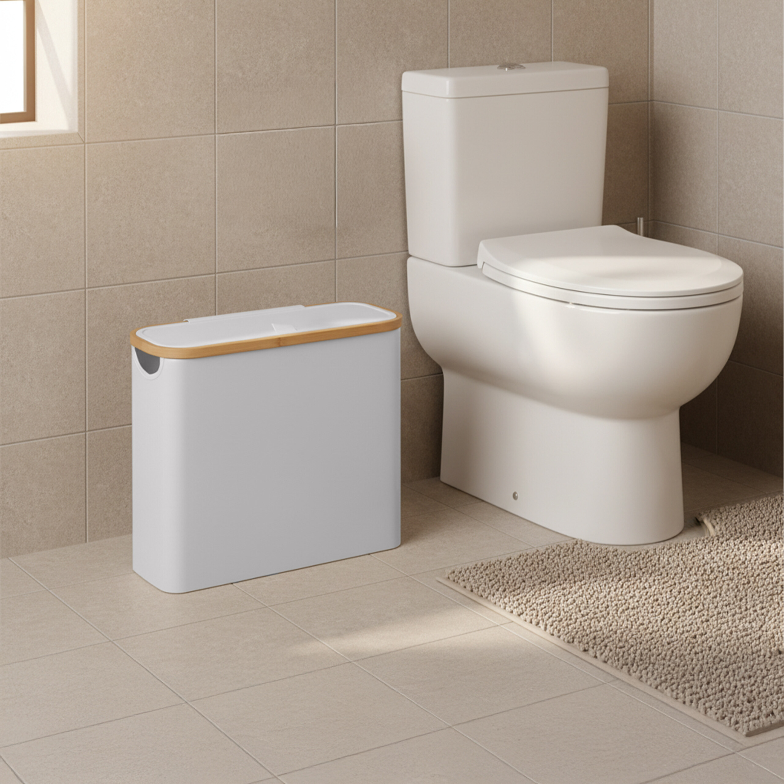 Ein weißer Mülleimer mit Holzrand steht auf gefliestem Boden neben einer Toilette.