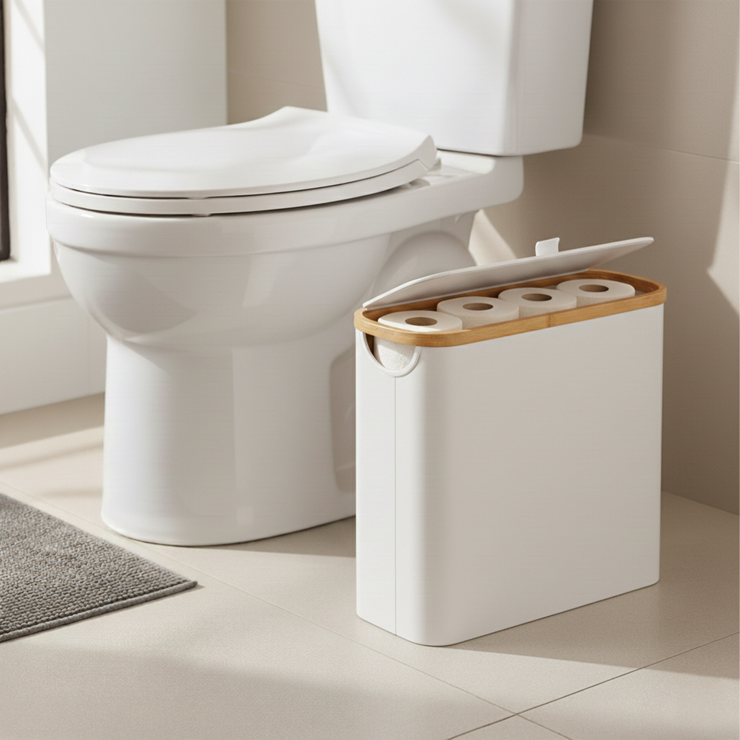 Eine weiße Toilette steht neben einem schmalen weißen Toilettenpapierhalter mit Holzdeckel.