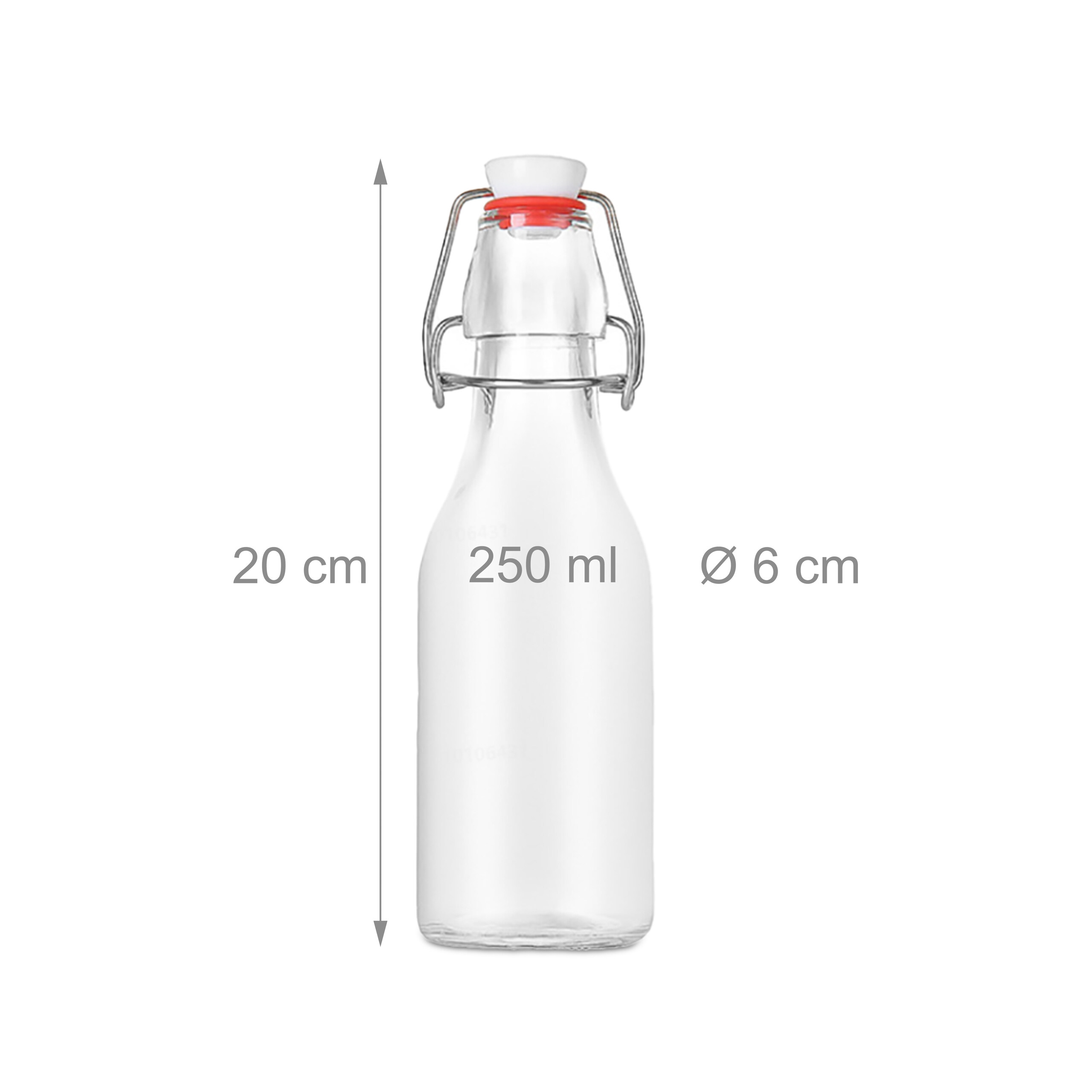 Eine klare Glasflasche mit Schnappverschluss, 250 ml, 20 cm Höhe und 6 cm Durchmesser.