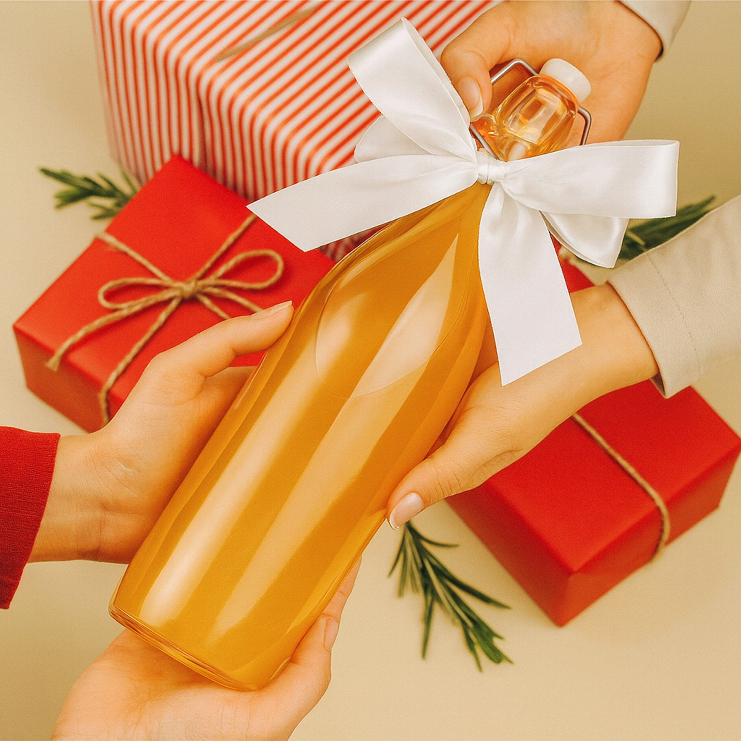 Zwei Personen überreichen eine Flasche Saft mit weißer Schleife vor roten Geschenken.