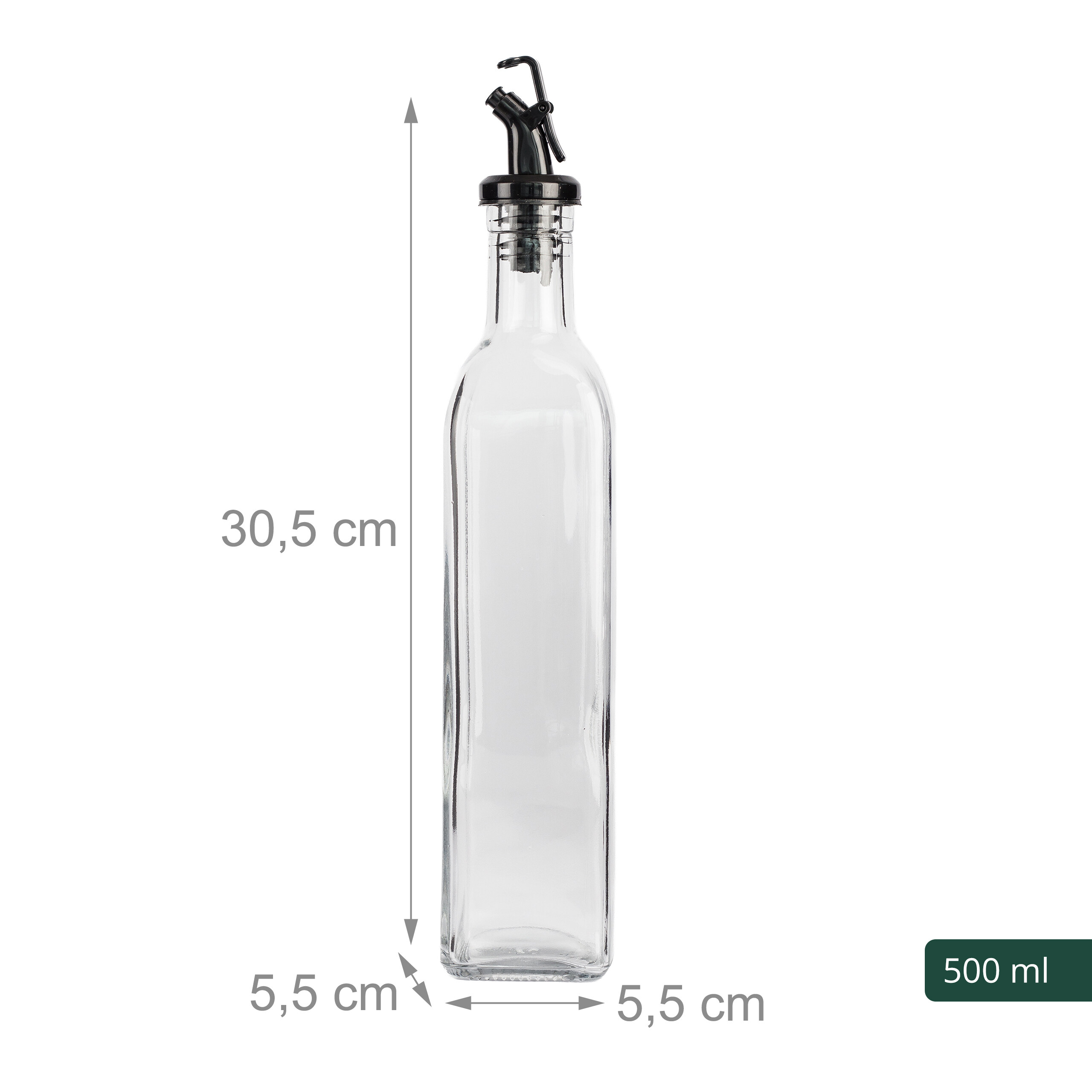 Transparente 500 ml Glasflasche mit schwarzem Ausgießer, 30,5 cm hoch und 5,5 cm breit.