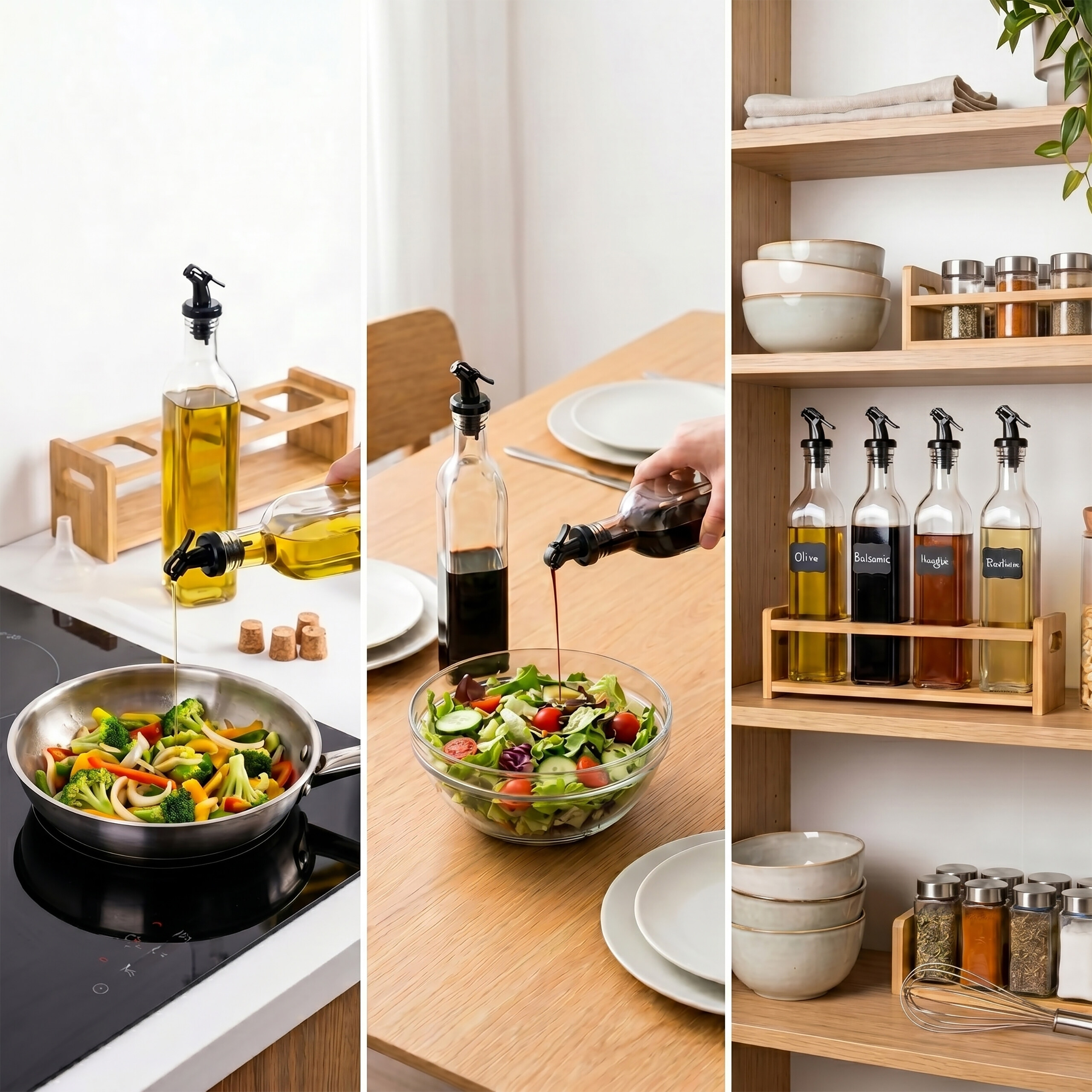 Öl und Essig werden aus Glasflaschen in Pfanne und Salat gegossen, aufbewahrt in Holzregalen.