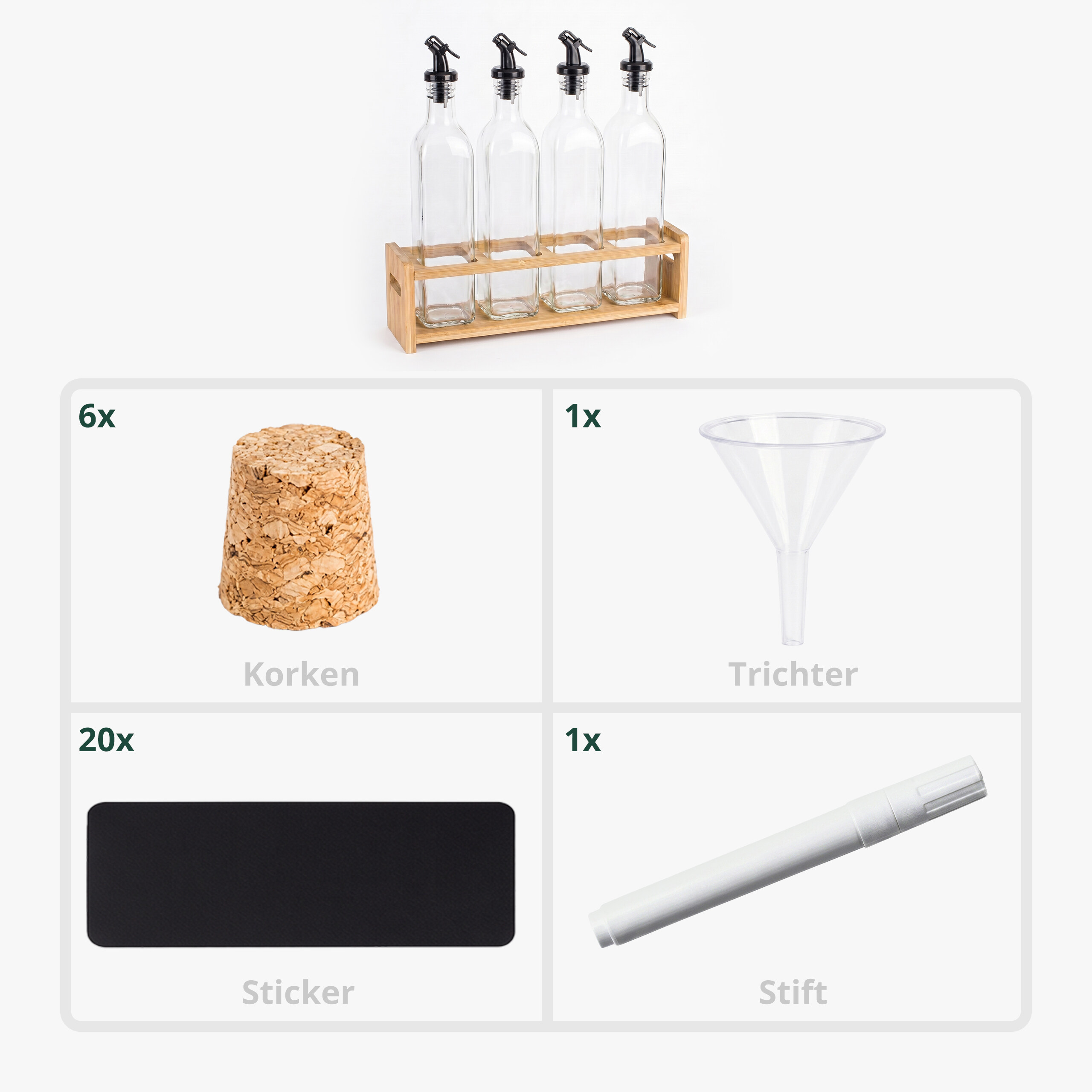 Set aus vier Öldosen in Holzregal, dazu sechs Korken, ein Trichter, zwanzig Sticker und ein weißer Stift.