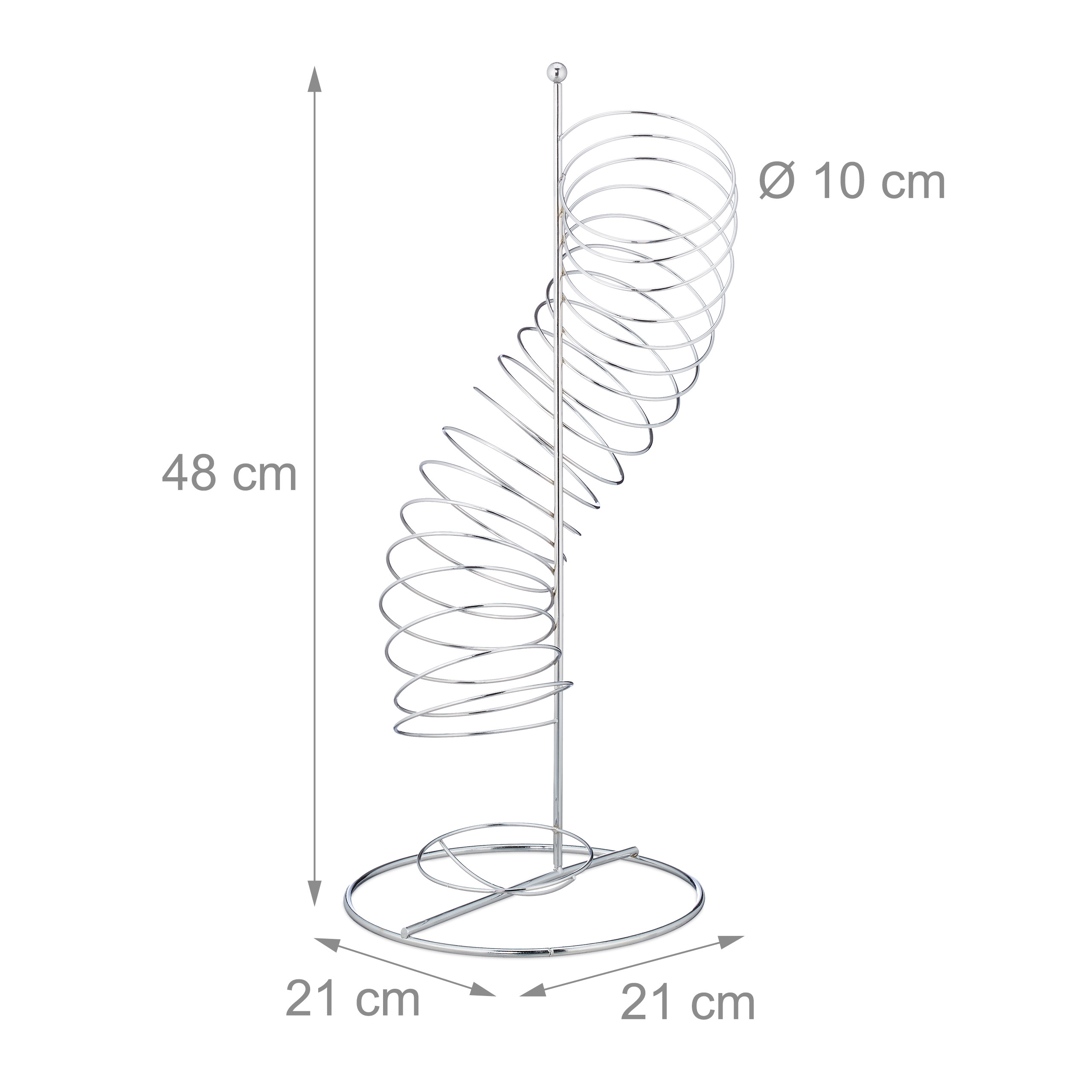 Verchromter Metall-Ständer mit spiralförmigem Design und Maßen: Höhe 48 cm, Durchmesser 10 cm, Basis 21x21 cm.