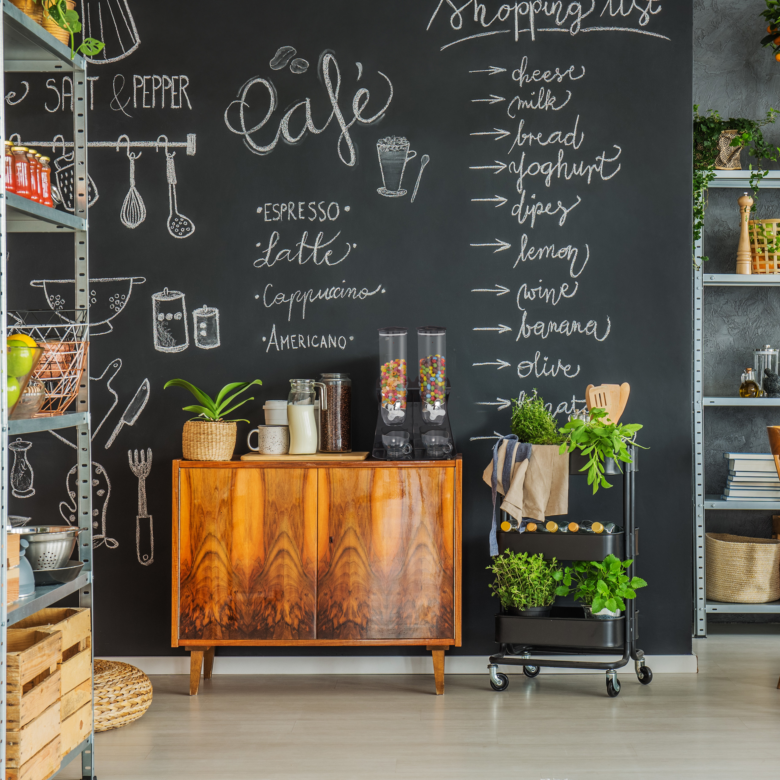 Holzschrank vor schwarzer Tafelwand mit Kreidezeichnungen, Kaffeebar und Regalen.