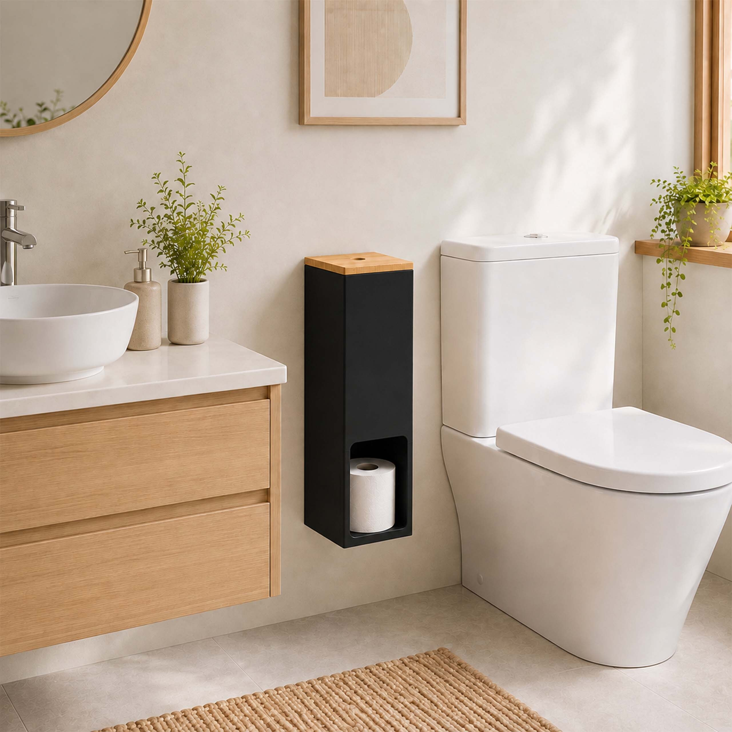 Moderne helle Badezimmer mit Holzakzenten, Waschbecken, Toilette und schwarzem Toilettenpapierhalter.