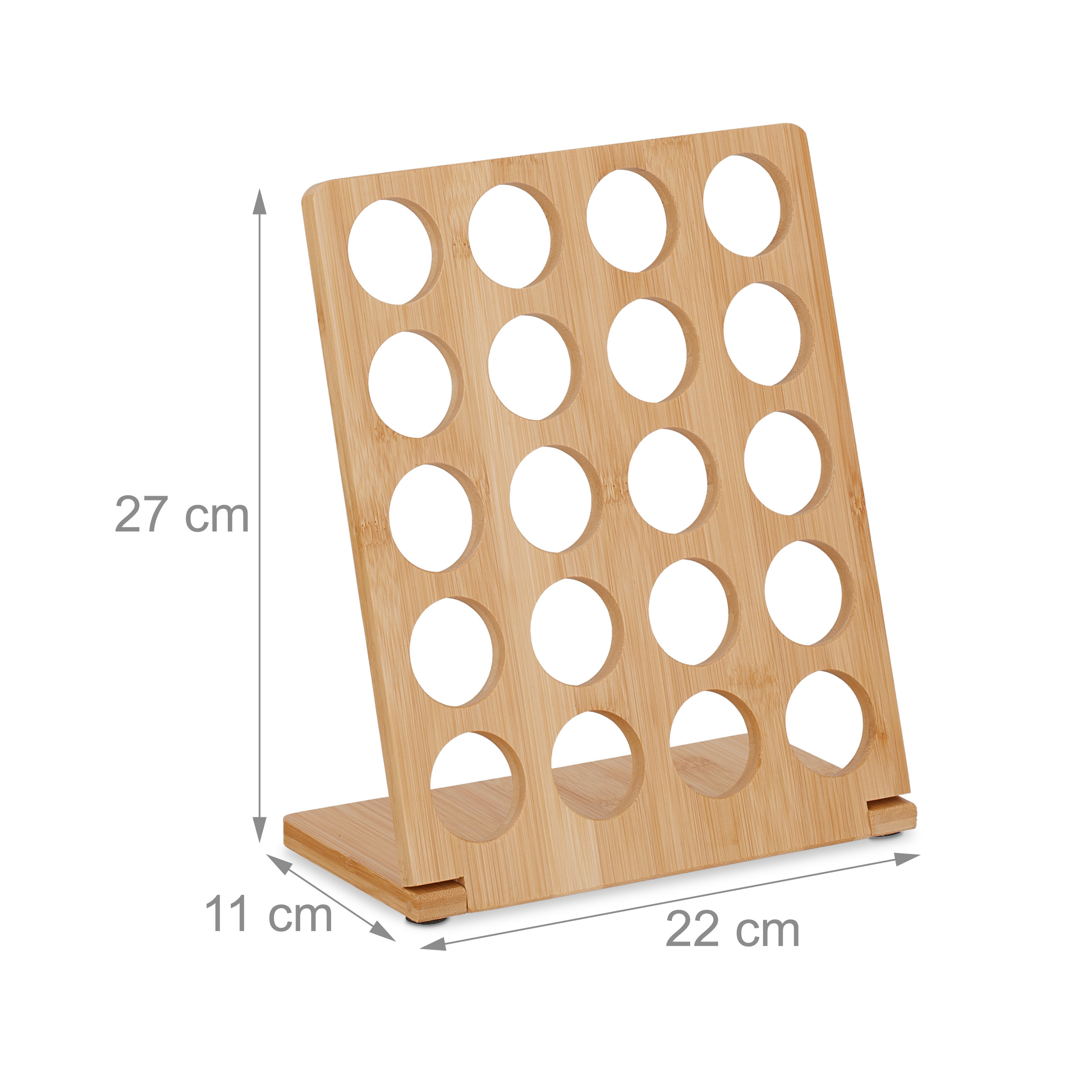 Ein Holzkapselhalter mit 20 runden Löchern und Maßen von 27 cm Höhe, 22 cm Breite und 11 cm Tiefe.