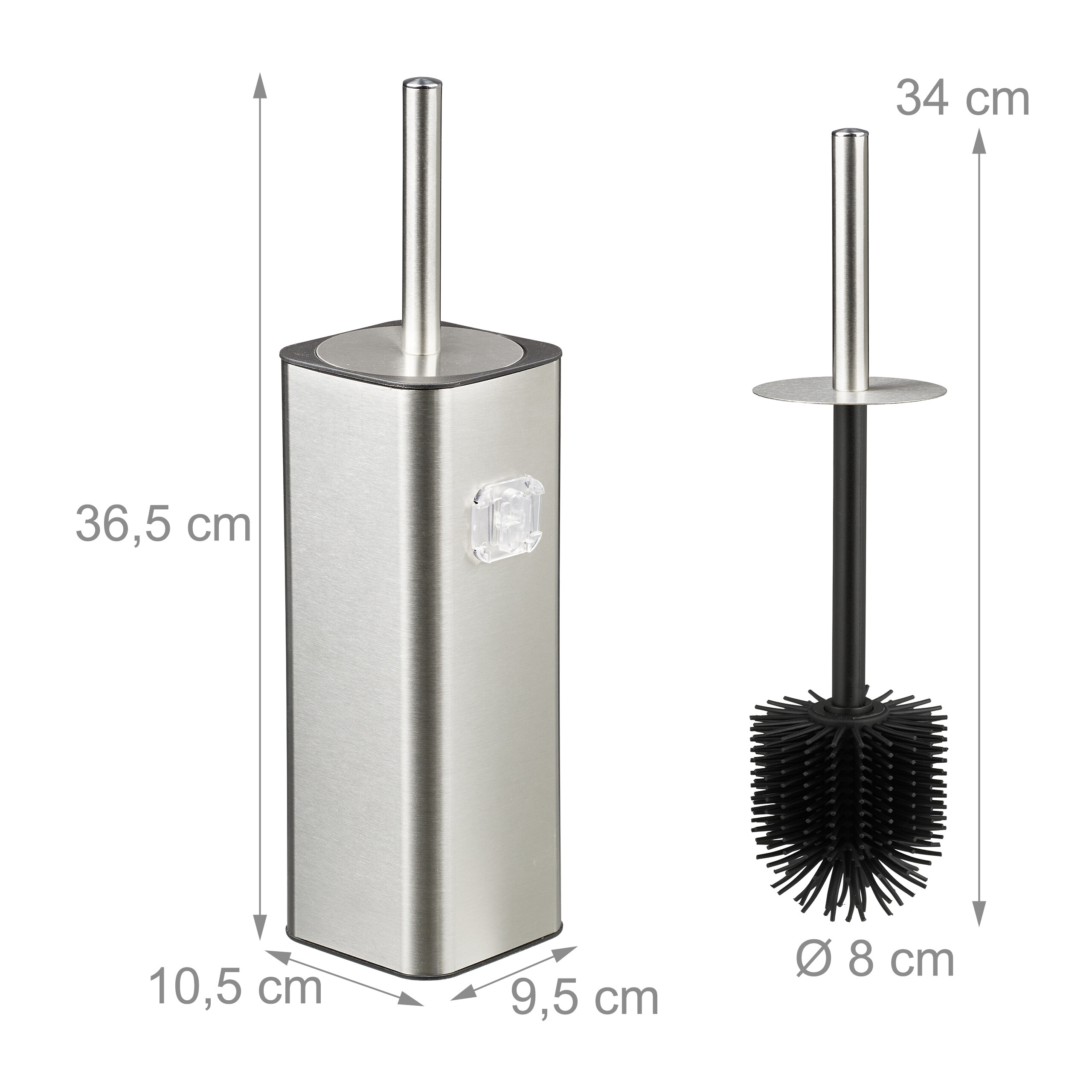 Edelstahl-Toilettenbürstenhalter mit Maßen von 36,5x10,5x9,5 cm und schwarzer Silikonbürste.